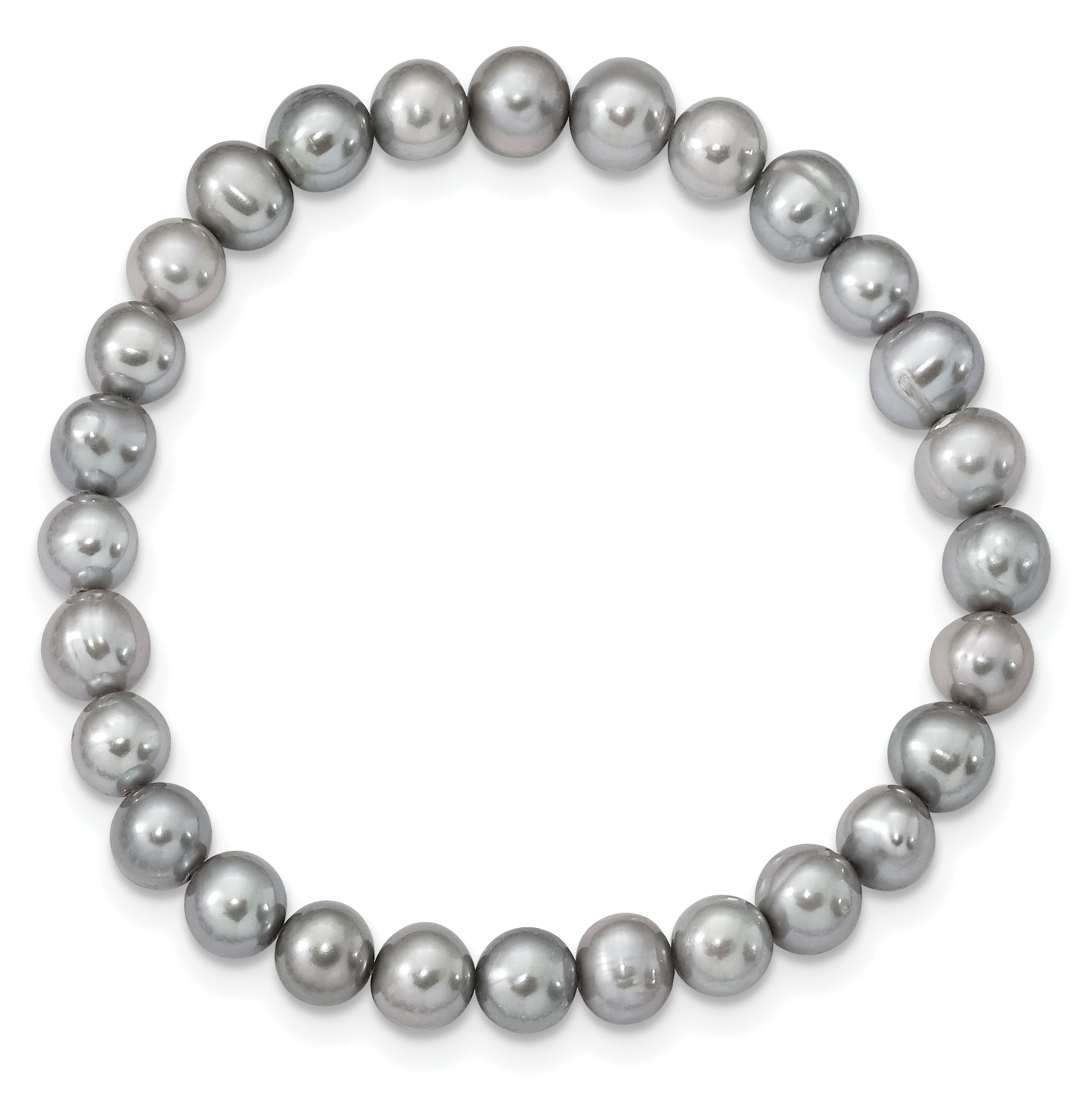 Sterling Silver Rhodium-plated 7-8mm Grey Near-Round Freshwater Cultured Pearl 18 inch Necklace, Stretch Bracelet and Button Post Earrings Set
