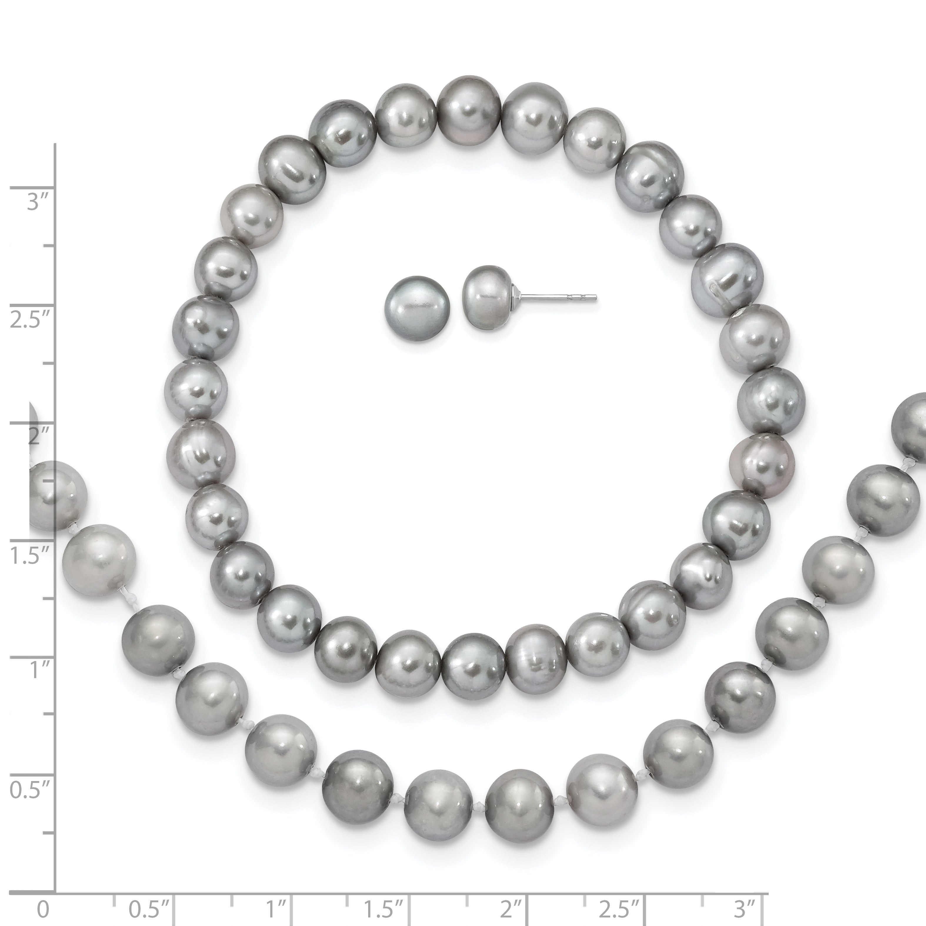 Sterling Silver Rhodium-plated 7-8mm Grey Near-Round Freshwater Cultured Pearl 18 inch Necklace, Stretch Bracelet and Button Post Earrings Set