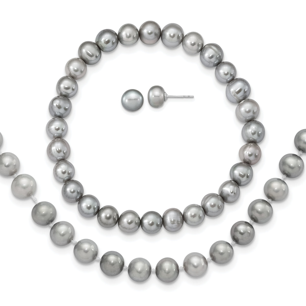 Sterling Silver Rhodium-plated 7-8mm Grey Near-Round Freshwater Cultured Pearl 18 inch Necklace, Stretch Bracelet and Button Post Earrings Set