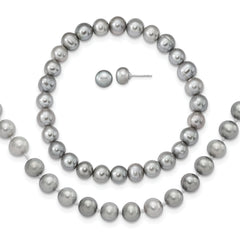 Sterling Silver Rhodium-plated 7-8mm Grey Near-Round Freshwater Cultured Pearl 18 inch Necklace, Stretch Bracelet and Button Post Earrings Set