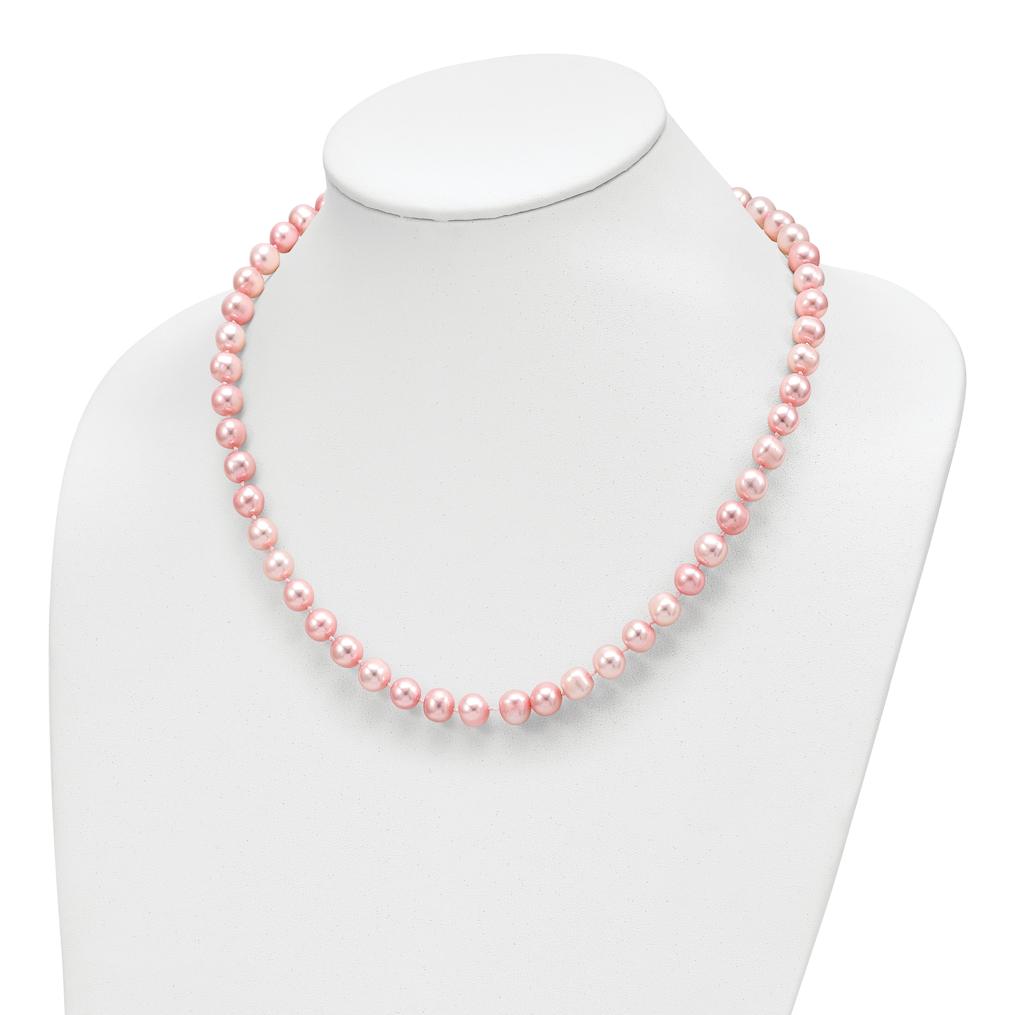 Sterling Silver Rhodium-plated 7-8mm Pink Near-Round Freshwater Cultured Pearl 18 inch Necklace, Stretch Bracelet and Button Post Earrings Set