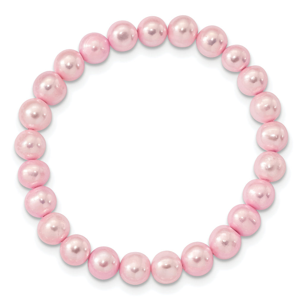 Sterling Silver Rhodium-plated 7-8mm Pink Near-Round Freshwater Cultured Pearl 18 inch Necklace, Stretch Bracelet and Button Post Earrings Set