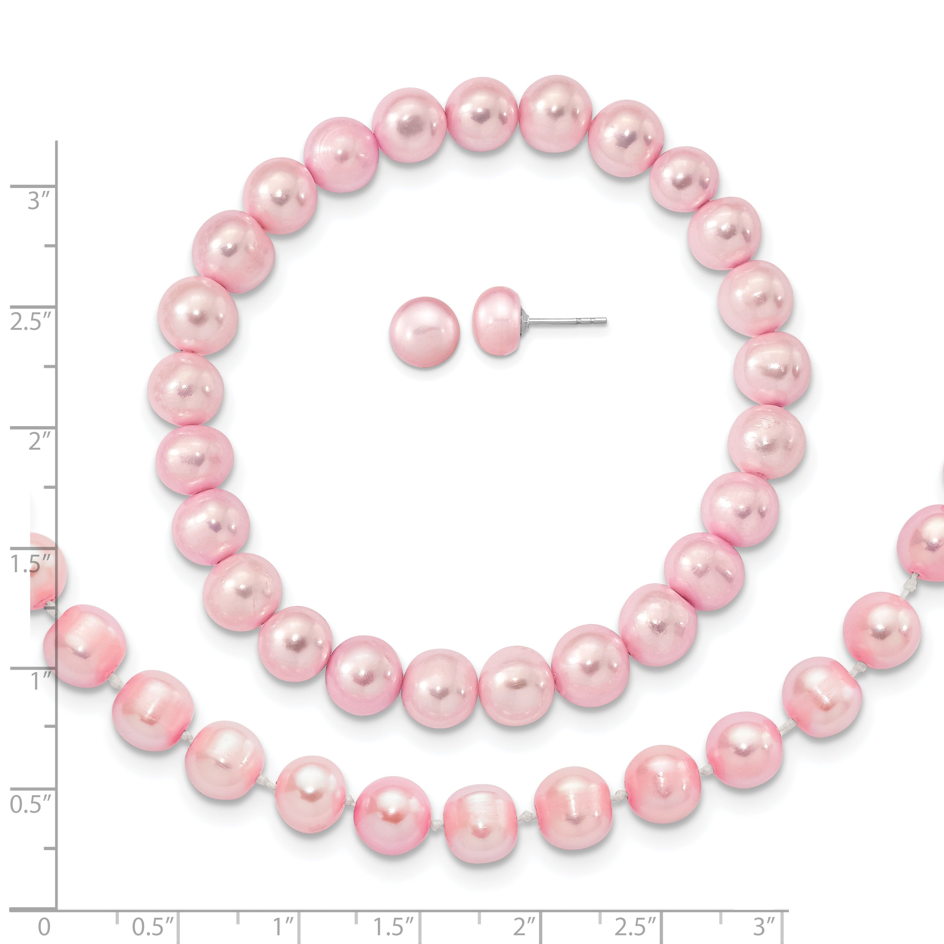 Sterling Silver Rhodium-plated 7-8mm Pink Near-Round Freshwater Cultured Pearl 18 inch Necklace, Stretch Bracelet and Button Post Earrings Set