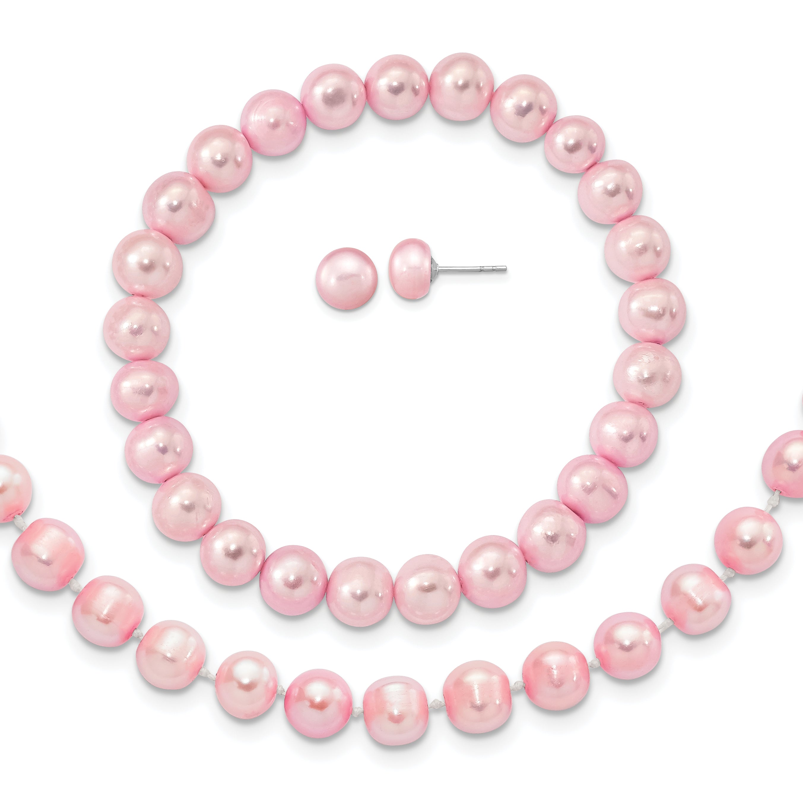 Sterling Silver Rhodium-plated 7-8mm Pink Near-Round Freshwater Cultured Pearl 18 inch Necklace, Stretch Bracelet and Button Post Earrings Set