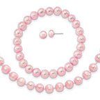 Sterling Silver Rhodium-plated 7-8mm Pink Near-Round Freshwater Cultured Pearl 18 inch Necklace, Stretch Bracelet and Button Post Earrings Set