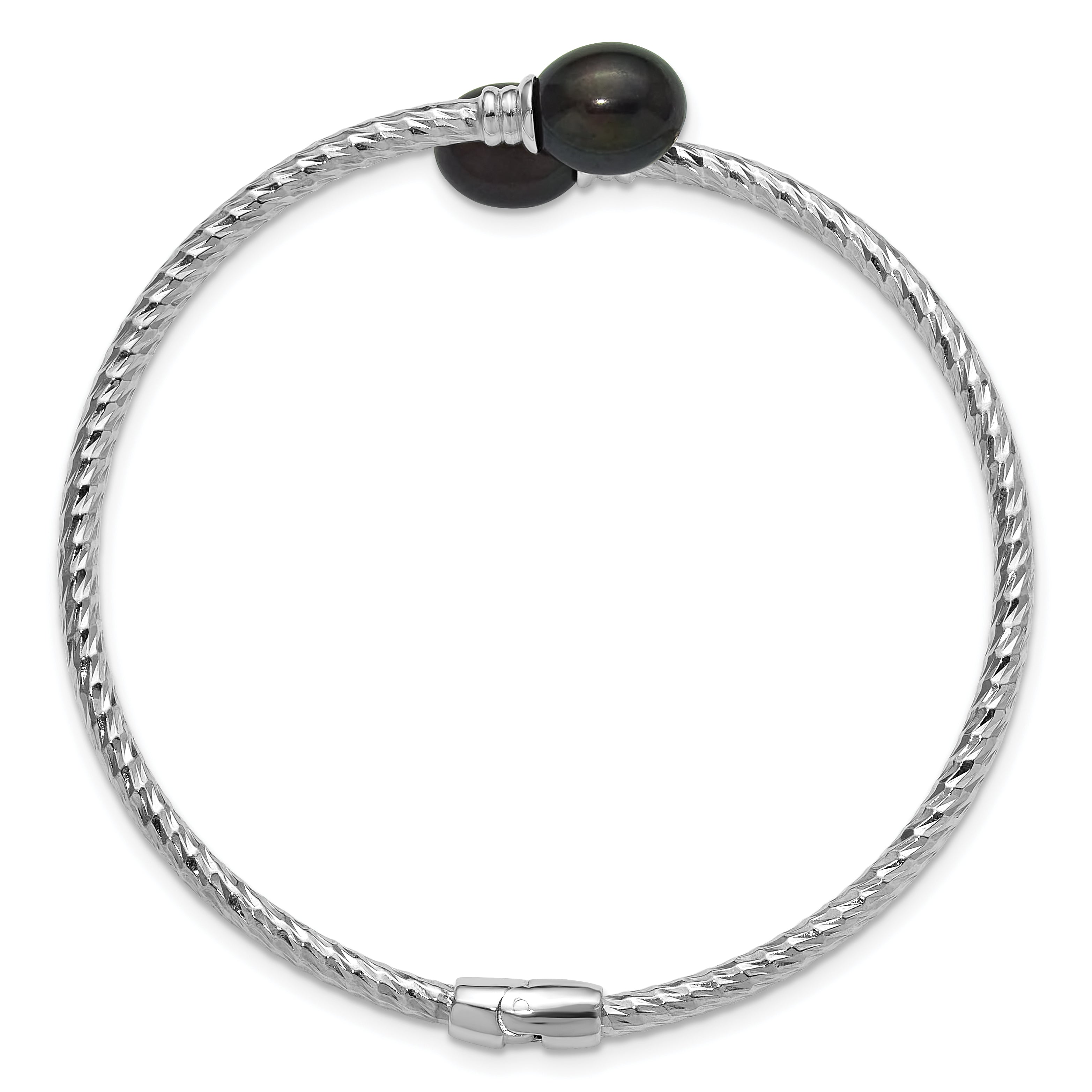 Sterling Silver Rhodium-plated 8-9mm Black Rice Freshwater Cultured Pearl Hinged Bangle
