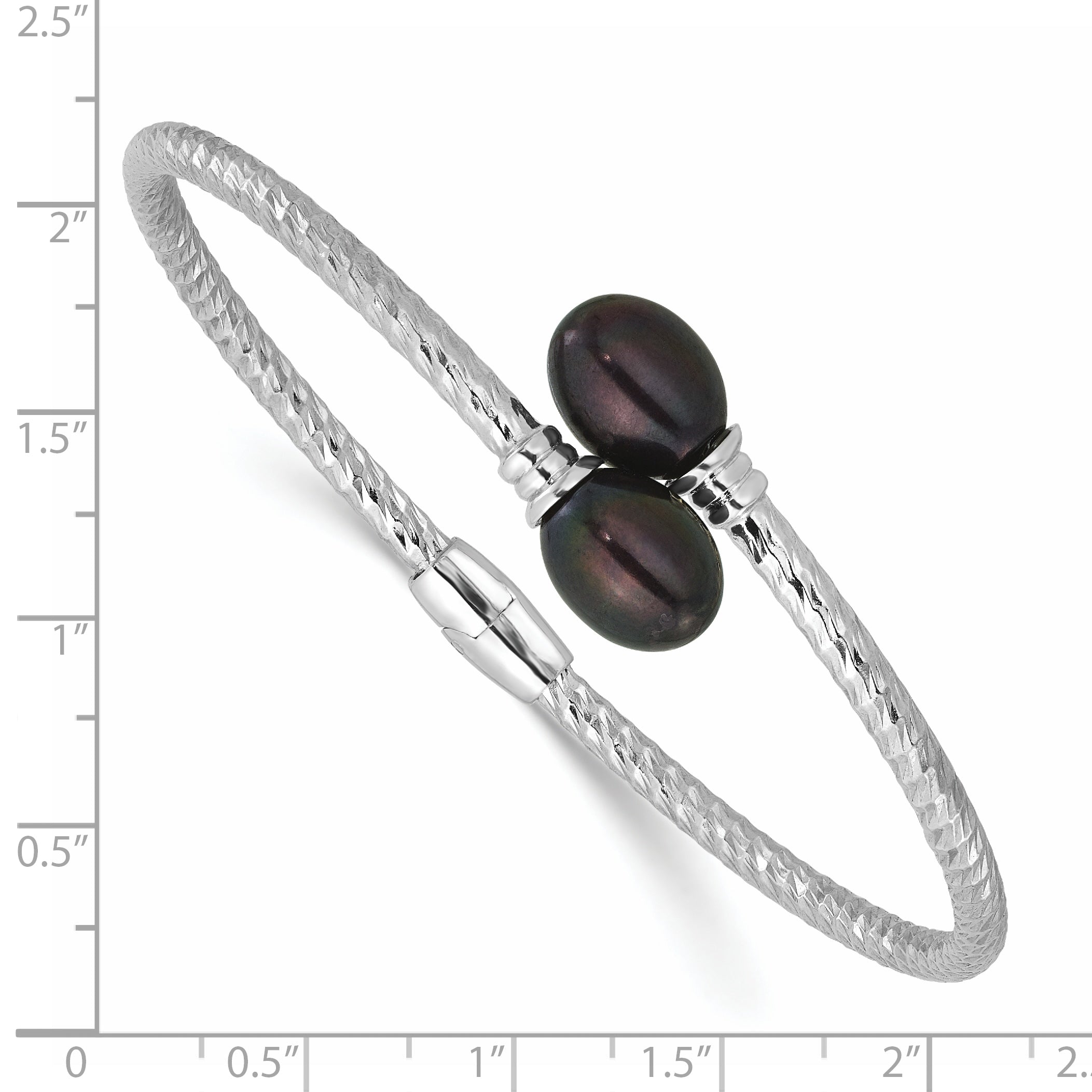 Sterling Silver Rhodium-plated 8-9mm Black Rice Freshwater Cultured Pearl Hinged Bangle