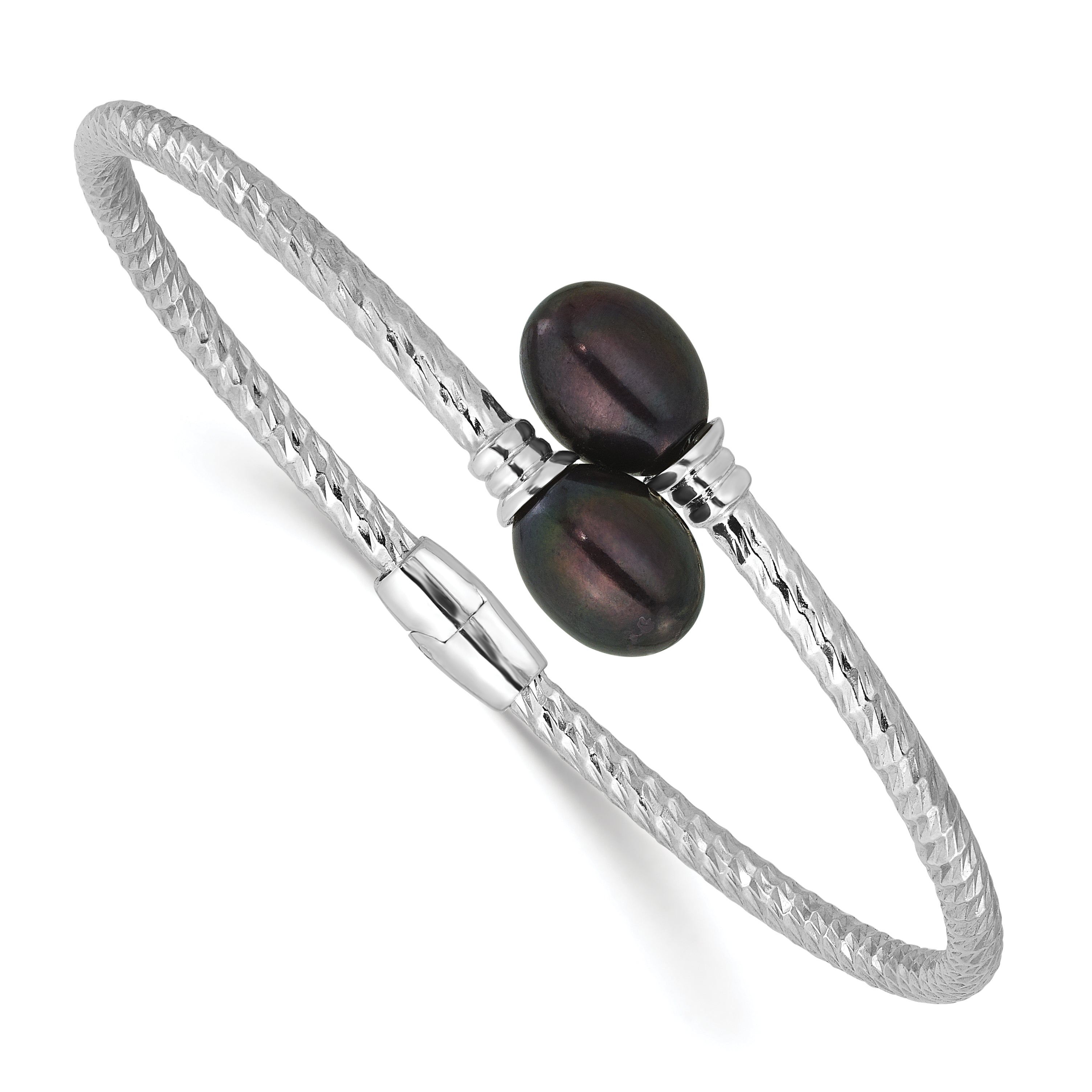 Sterling Silver Rhodium-plated 8-9mm Black Rice Freshwater Cultured Pearl Hinged Bangle