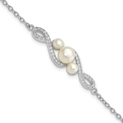 Sterling Silver Rhodium-Rhodium-Plated 4-7mm White Button Freshwater Cultured Pearl and CZ 7 inch with 2 inch Extension Bracelet