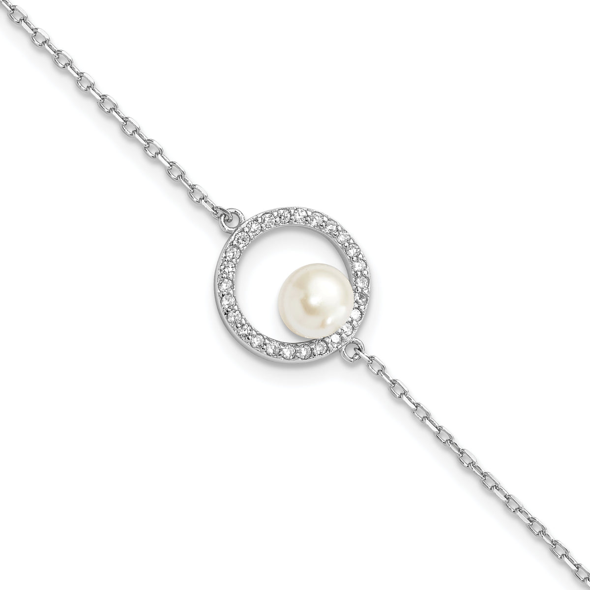 Sterling Silver Rhodium-Rhodium-Plated 6-7mm White Button Freshwater Cultured Pearl and CZ 6.5 inch  with 1.25 inch Extension Bracelet