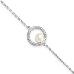Sterling Silver Rhodium-Rhodium-Plated 6-7mm White Button Freshwater Cultured Pearl and CZ 6.5 inch  with 1.25 inch Extension Bracelet