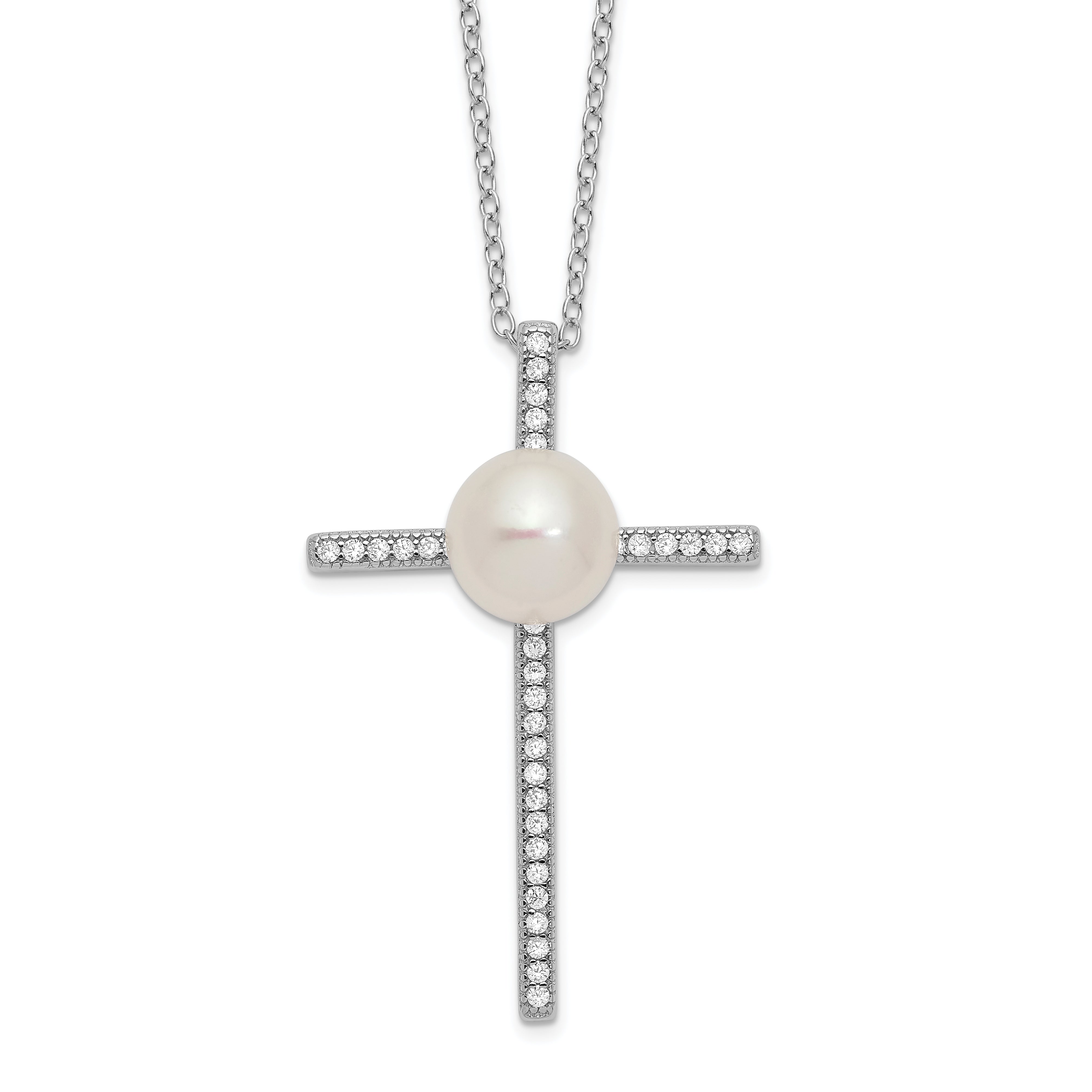 Sterling Silver Rhodium-Rhodium-Plated 8-9mm Button FWC Pearl CZ Cross Necklace
