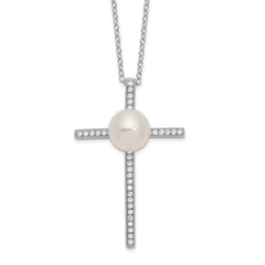 Sterling Silver Rhodium-Rhodium-Plated 8-9mm Button FWC Pearl CZ Cross Necklace