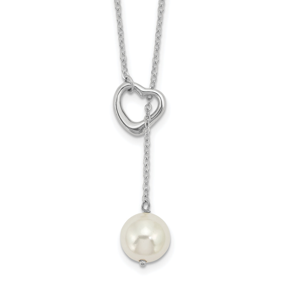 Sterling Silver Rhodium-Rhodium-Plated 10-11mm White Round Imitation Shell Pearl Heart 18 inch Necklace