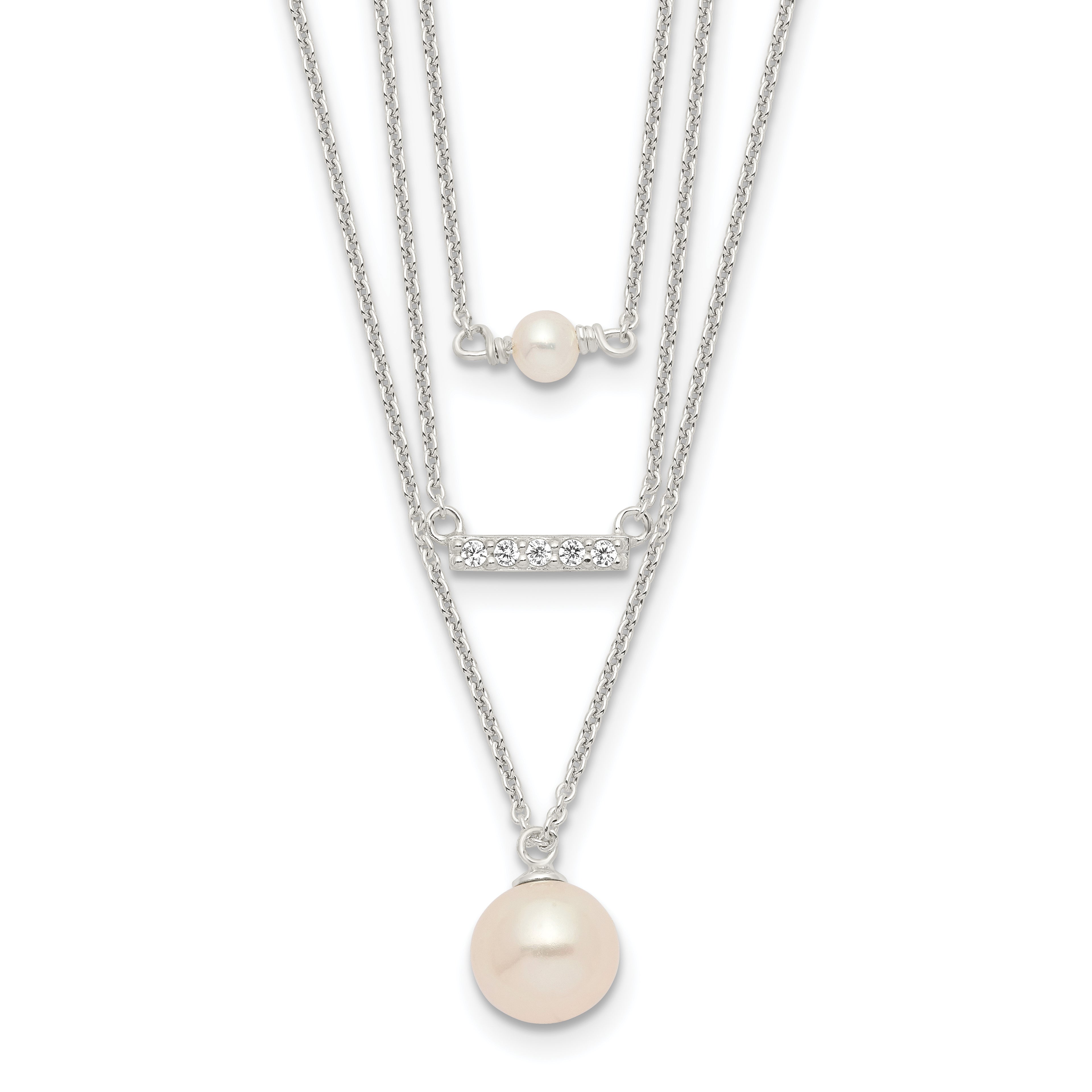 Sterling Silver Rhodium-Rhodium-Plated Multi Strand CZ and Glass Pearl Necklace