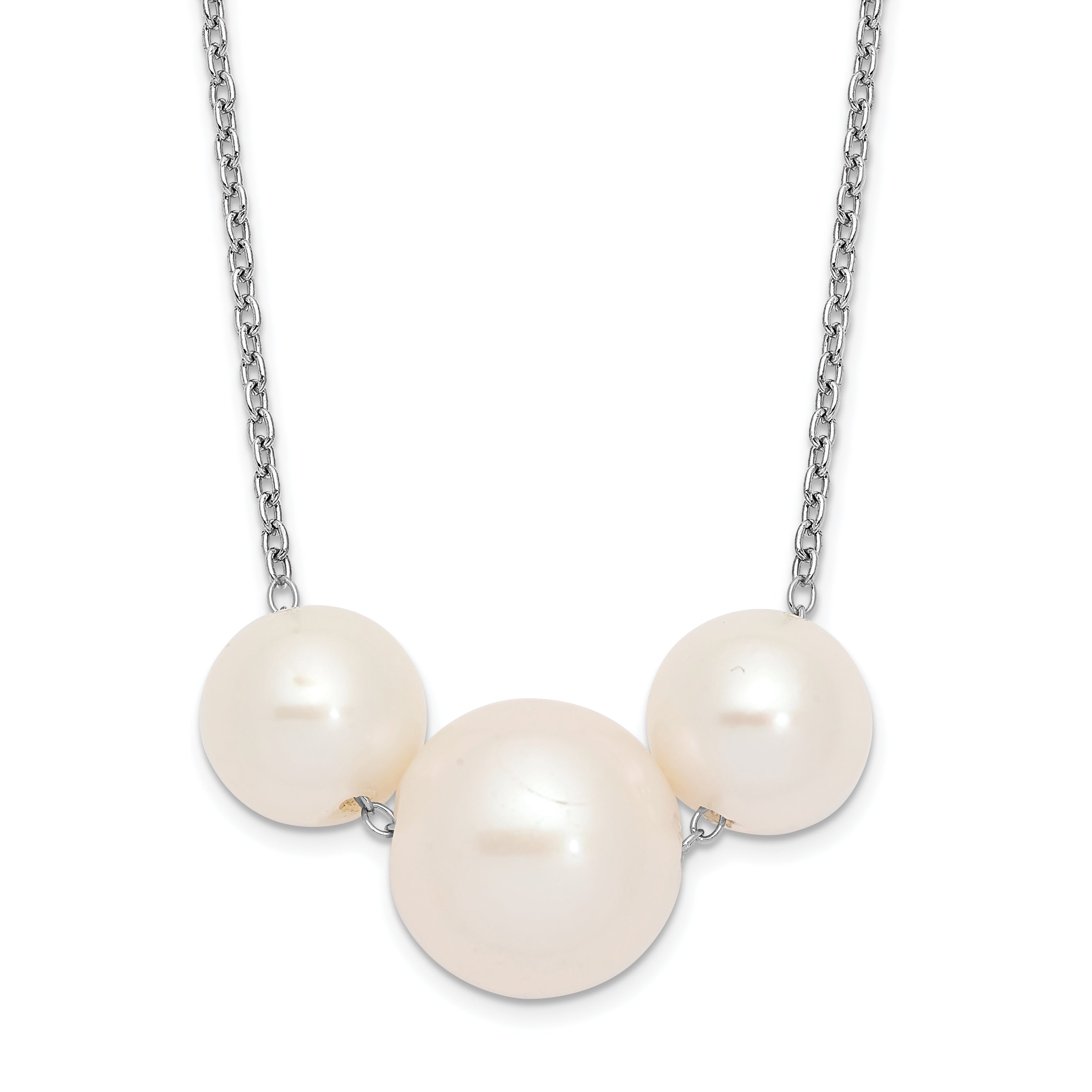 Sterling Silver Rhodium-Rhodium-Plated 8-10mm White Near-Round Freshwater Cultured Pearl 17 inch Necklace