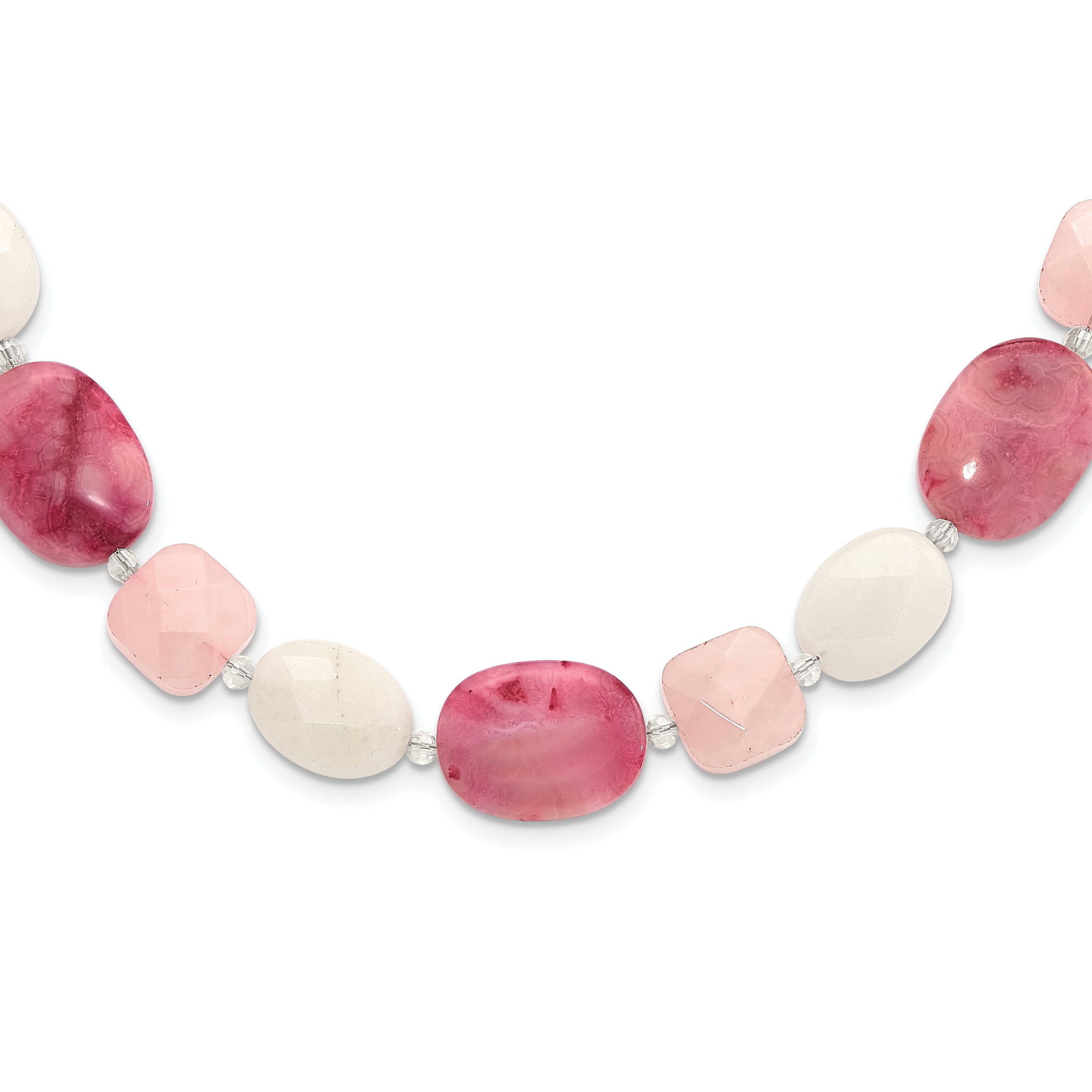 Sterling Silver Pink Agate/Quartz, Jade, Crystal With 2 Inch Extention Necklace