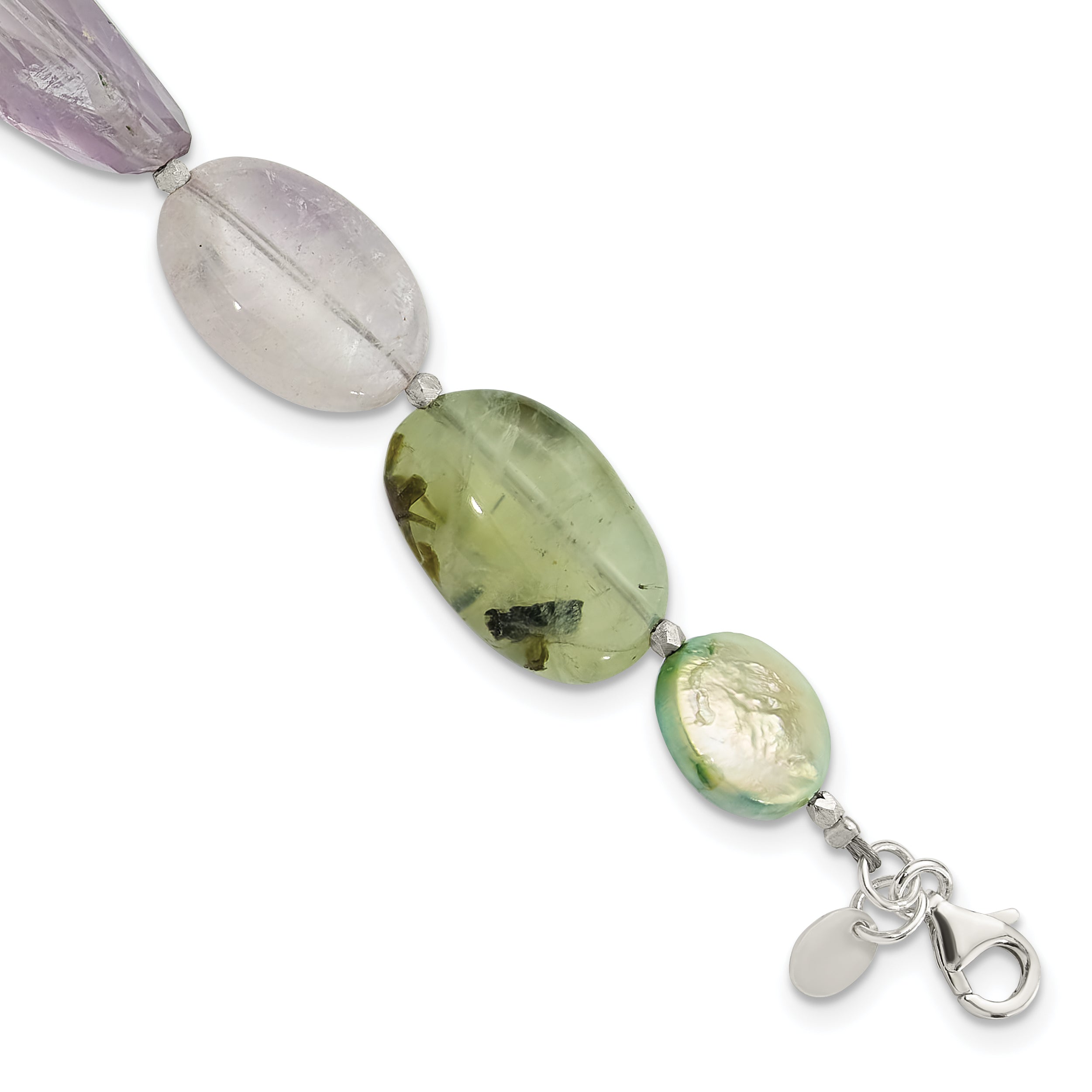 Sterling Silver Amethyst, Green Pearl, Prehnite 1in ext Bracelet