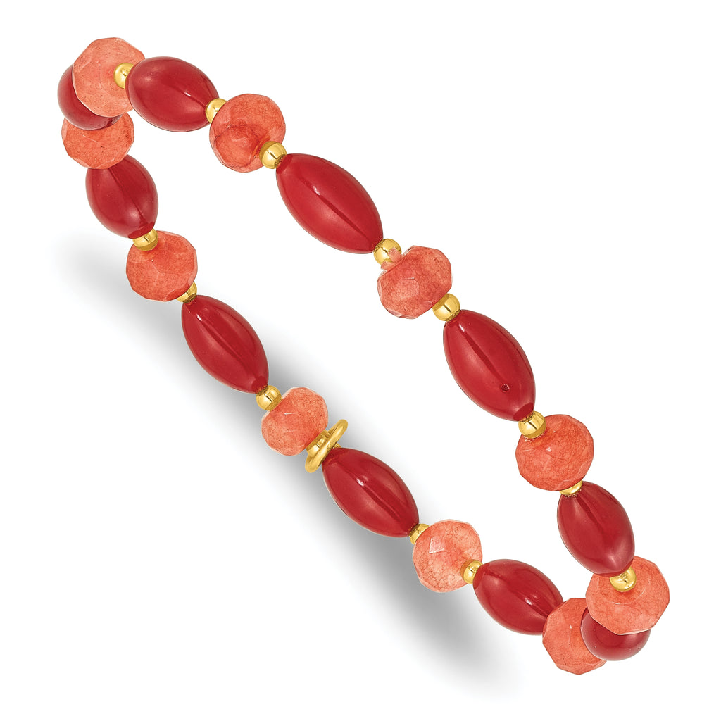 Sterling Silver Gold-plated Coral and Jade Beaded Stretch Bracelet