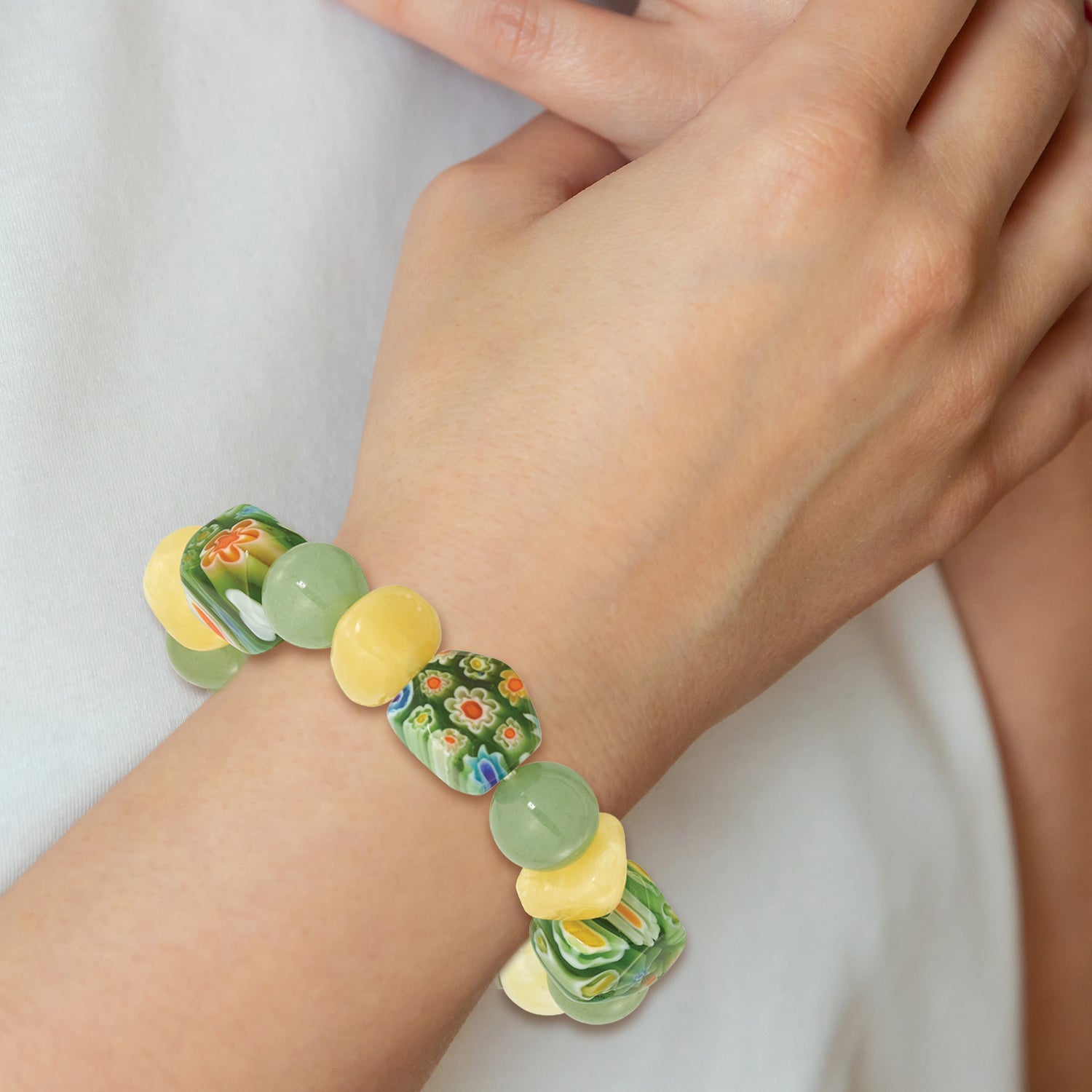 Aventurine, Yellow Jade and Kangsai Glass Beaded Stretch Bracelet