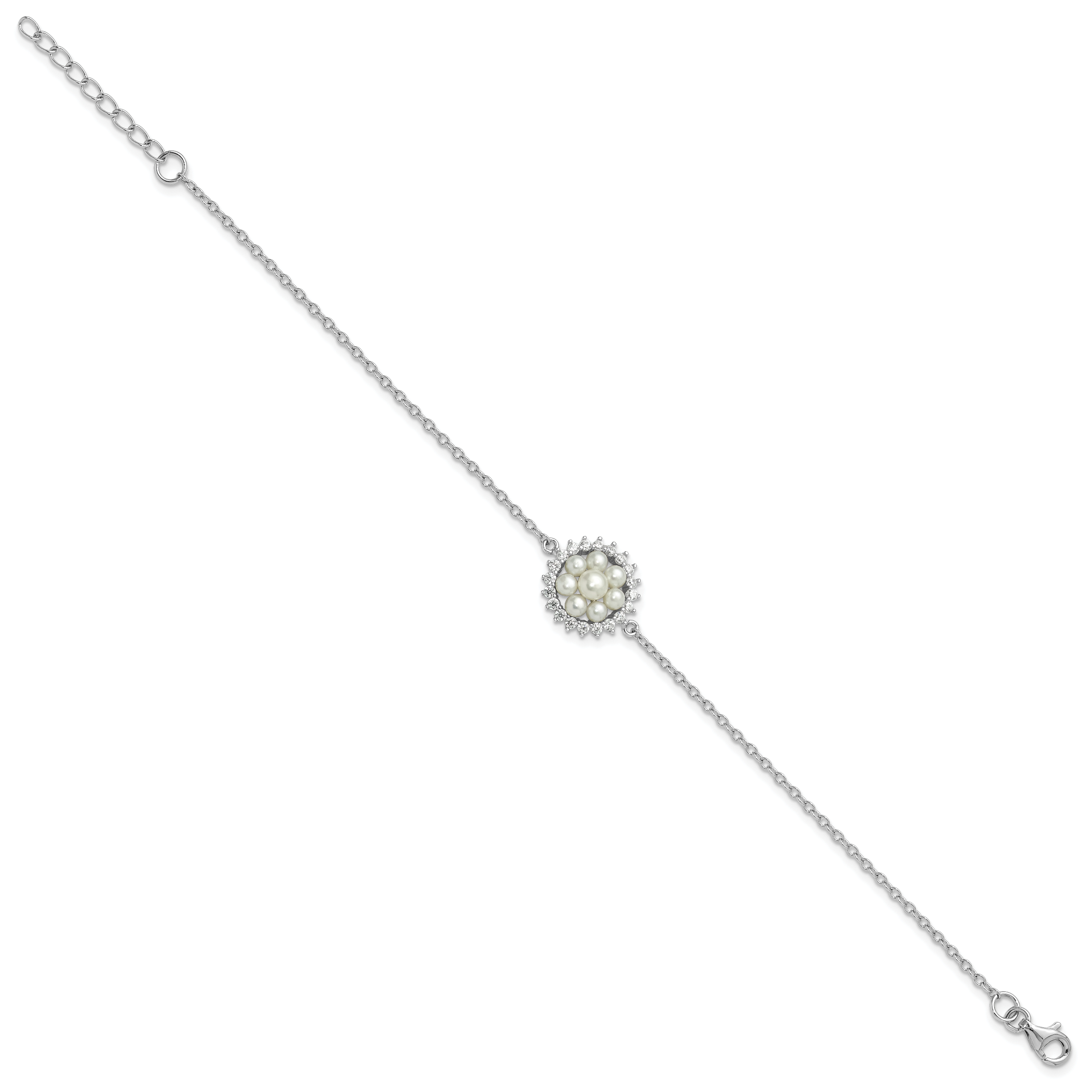 Sterling Silver RH-plated 3-5mm FWC Pearl CZ 7.25in w/1in ext Bracelet Secondary image