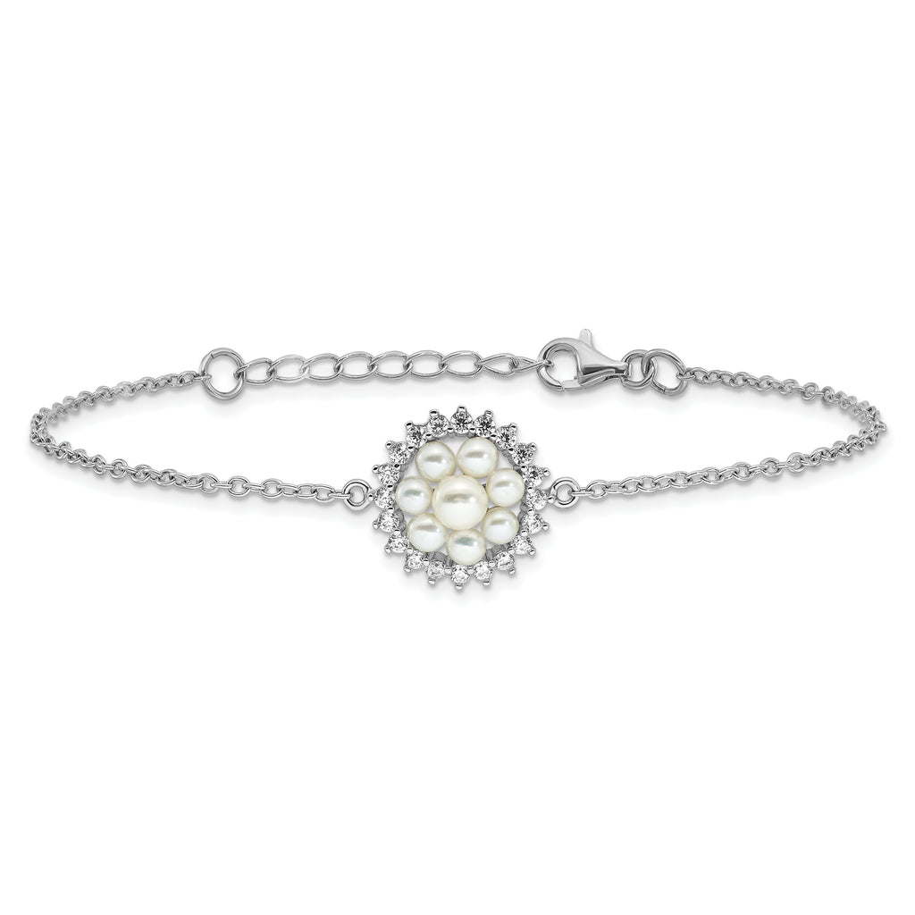 Sterling Silver RH-plated 3-5mm FWC Pearl CZ 7.25in w/1in ext Bracelet
