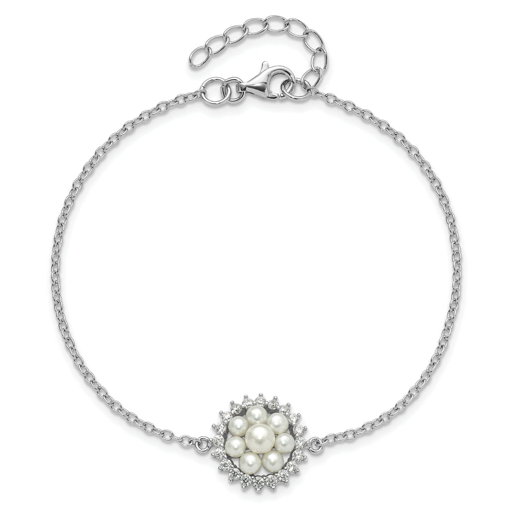 Sterling Silver RH-plated 3-5mm FWC Pearl CZ 7.25in w/1in ext Bracelet