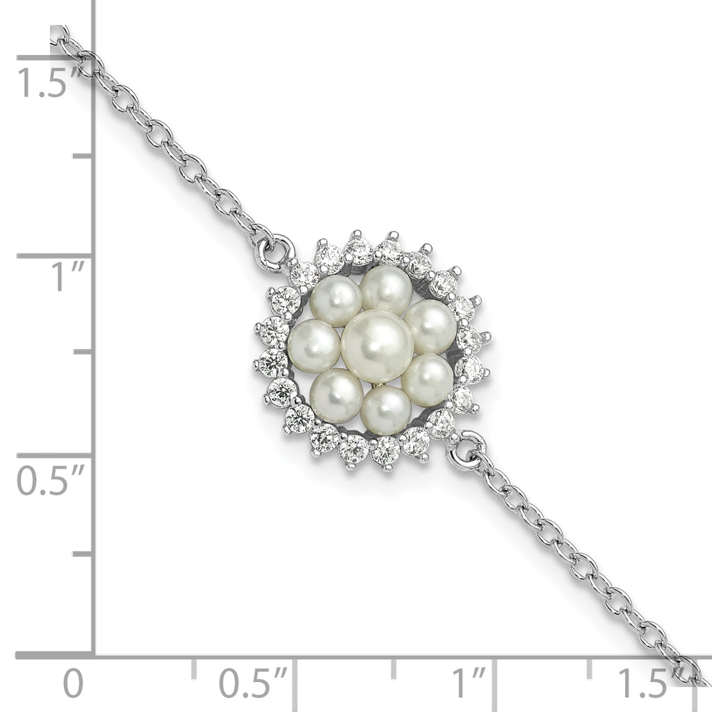 Sterling Silver RH-plated 3-5mm FWC Pearl CZ 7.25in w/1in ext Bracelet