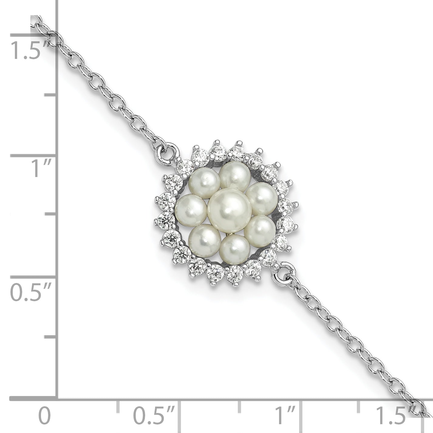 Sterling Silver RH-plated 3-5mm FWC Pearl CZ 7.25in w/1in ext Bracelet