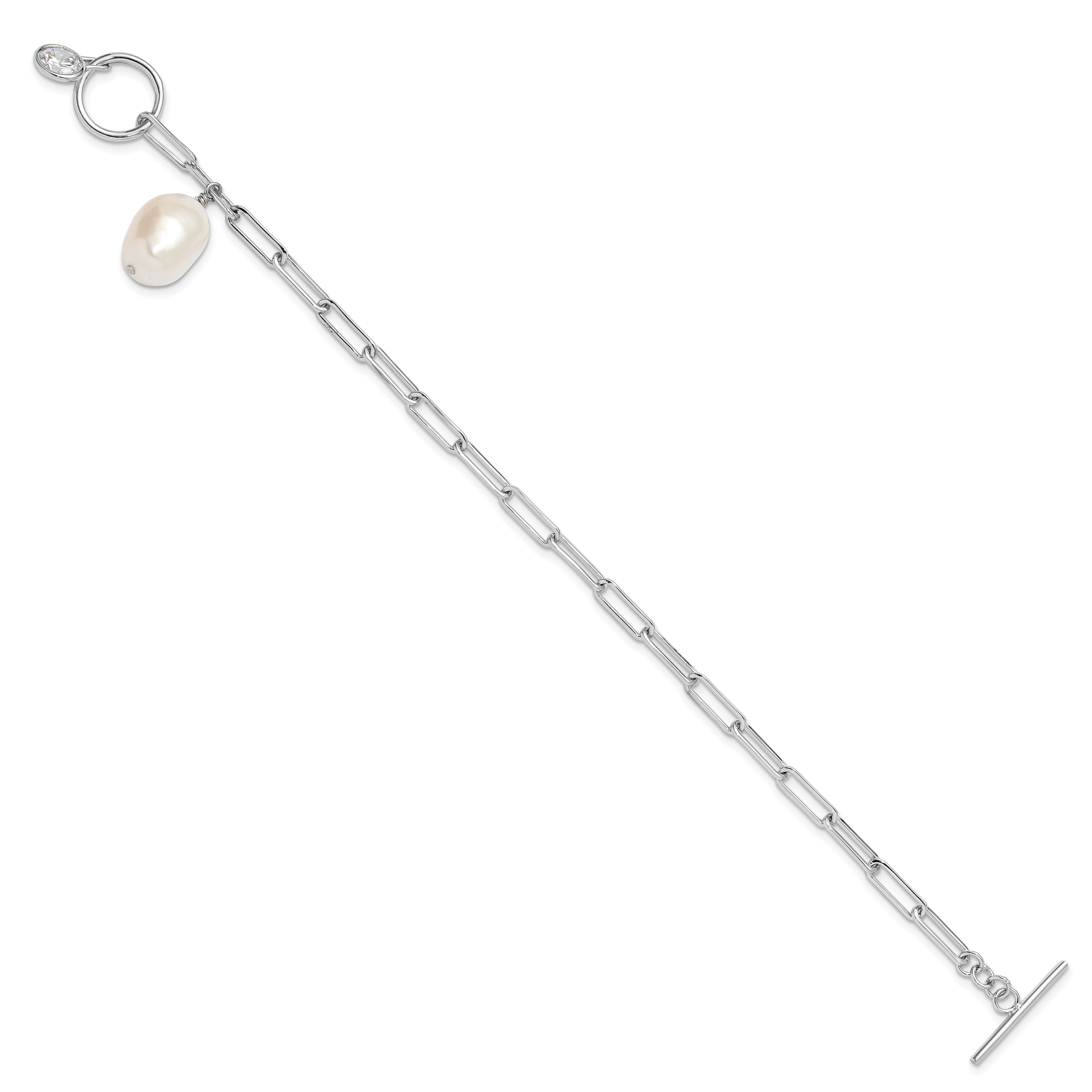 Sterling Silver Rhod-plated Paperclip CZ/FWC Pearl Toggle Bracelet Secondary image