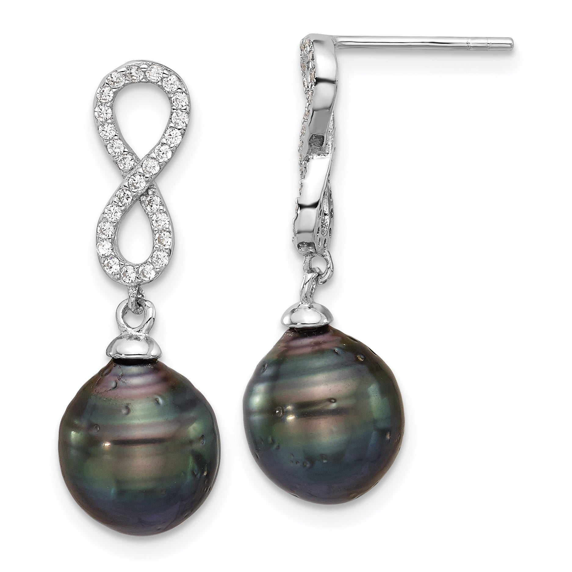 Sterling Silver Rhodium-plated 9-10mm Black Teardrop Tahitian Saltwater Cultured Pearl and CZ Infinity 16.75 inch Necklace and Post Dangle Earrings Set Secondary image