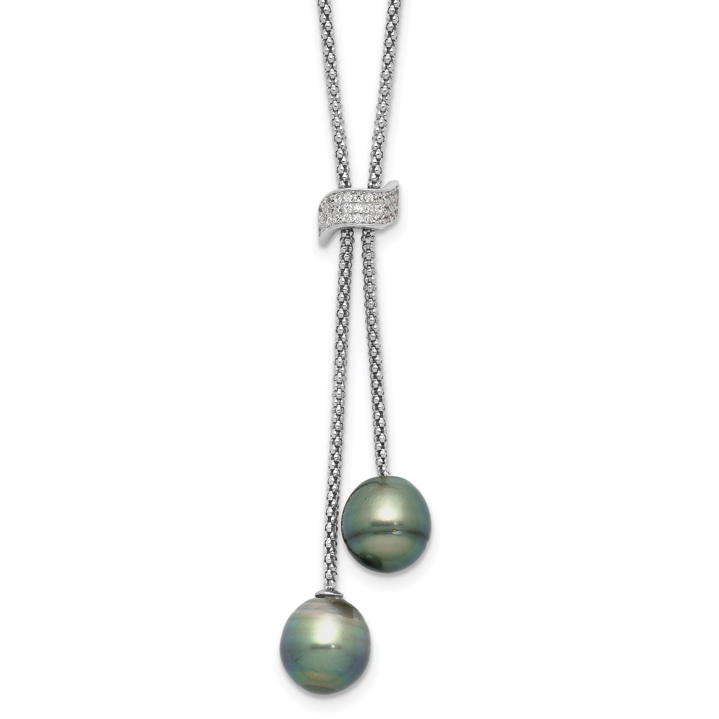 Sterling Silver Rhodium-Rhodium-Plated 7-8mm Black Teardrop Tahitian Saltwater Cultured Pearl and CZ Dangle 18 inch with 2 inch Extension Necklace Main image