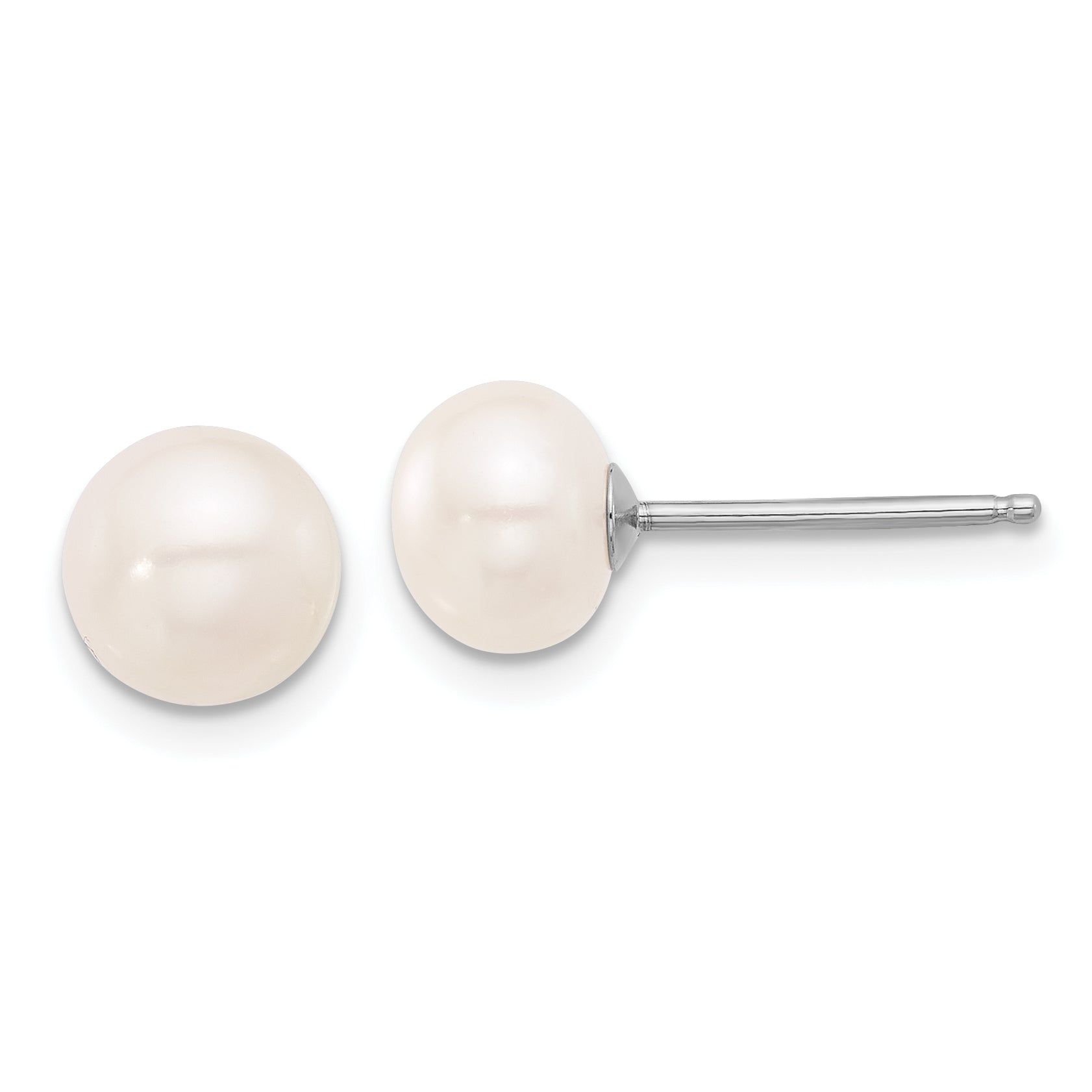 Sterling Silver Rhodium-plated 6-8mm White Near-Round Freshwater Cultured Pearl 18 inch Necklace and Post Earrings Set Secondary image