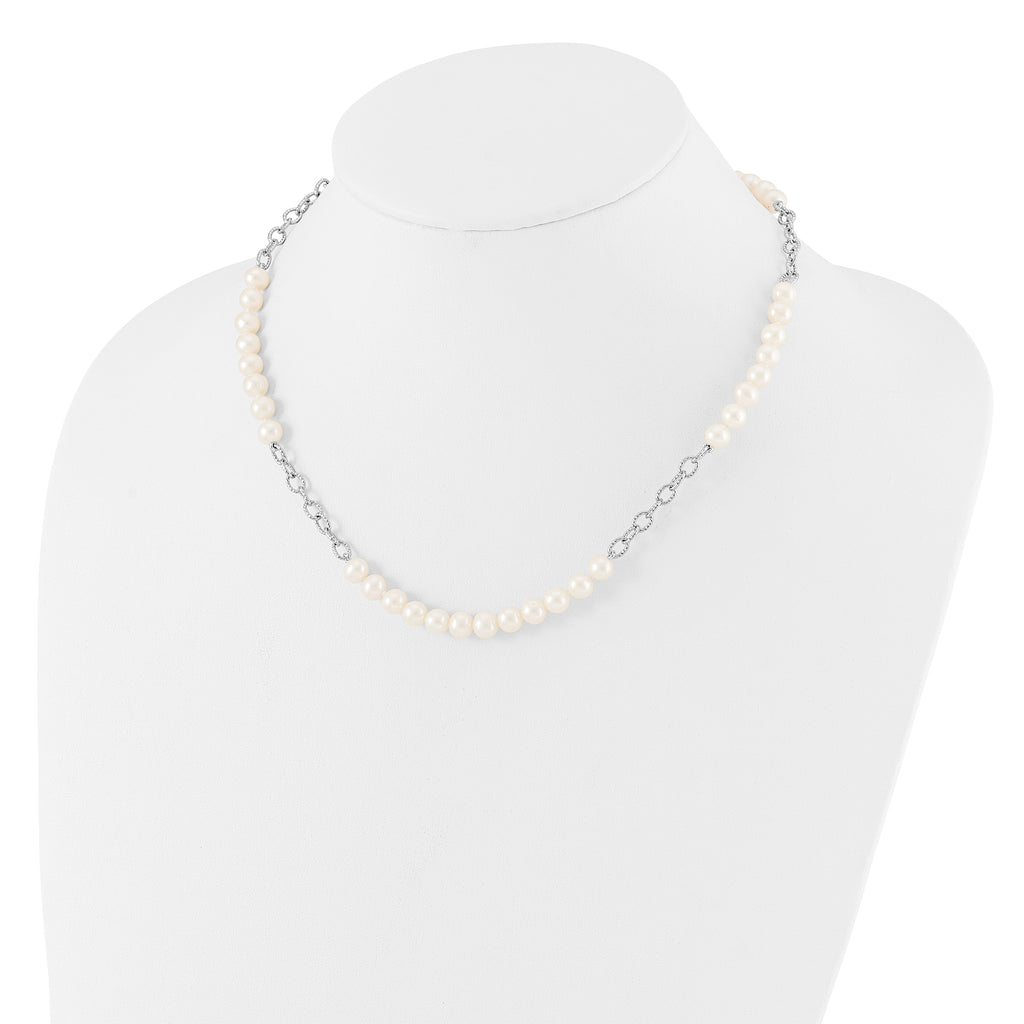 Sterling Silver Rhodium-plated 6-8mm White Near-Round Freshwater Cultured Pearl 18 inch Necklace and Post Earrings Set