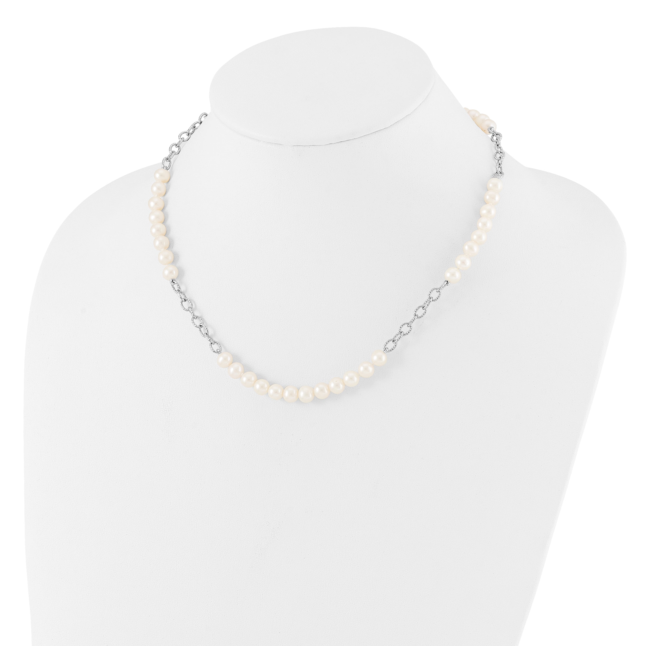 Sterling Silver Rhodium-plated 6-8mm White Near-Round Freshwater Cultured Pearl 18 inch Necklace and Post Earrings Set