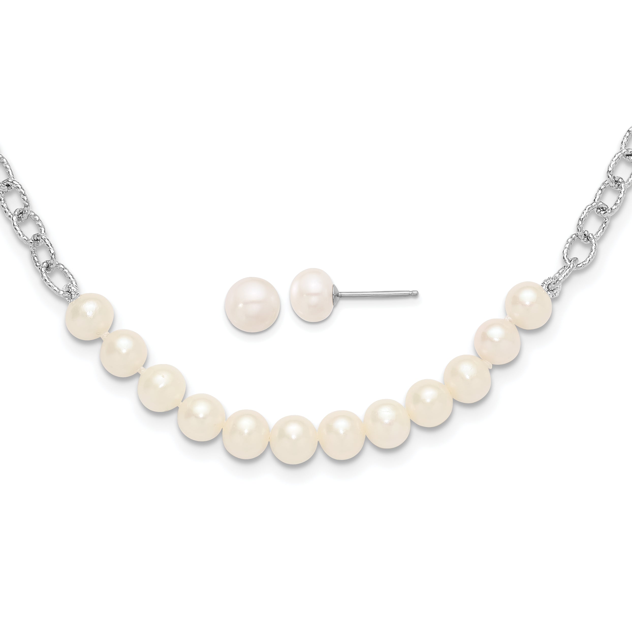 Sterling Silver Rhodium-plated 6-8mm White Near-Round Freshwater Cultured Pearl 18 inch Necklace and Post Earrings Set Main image