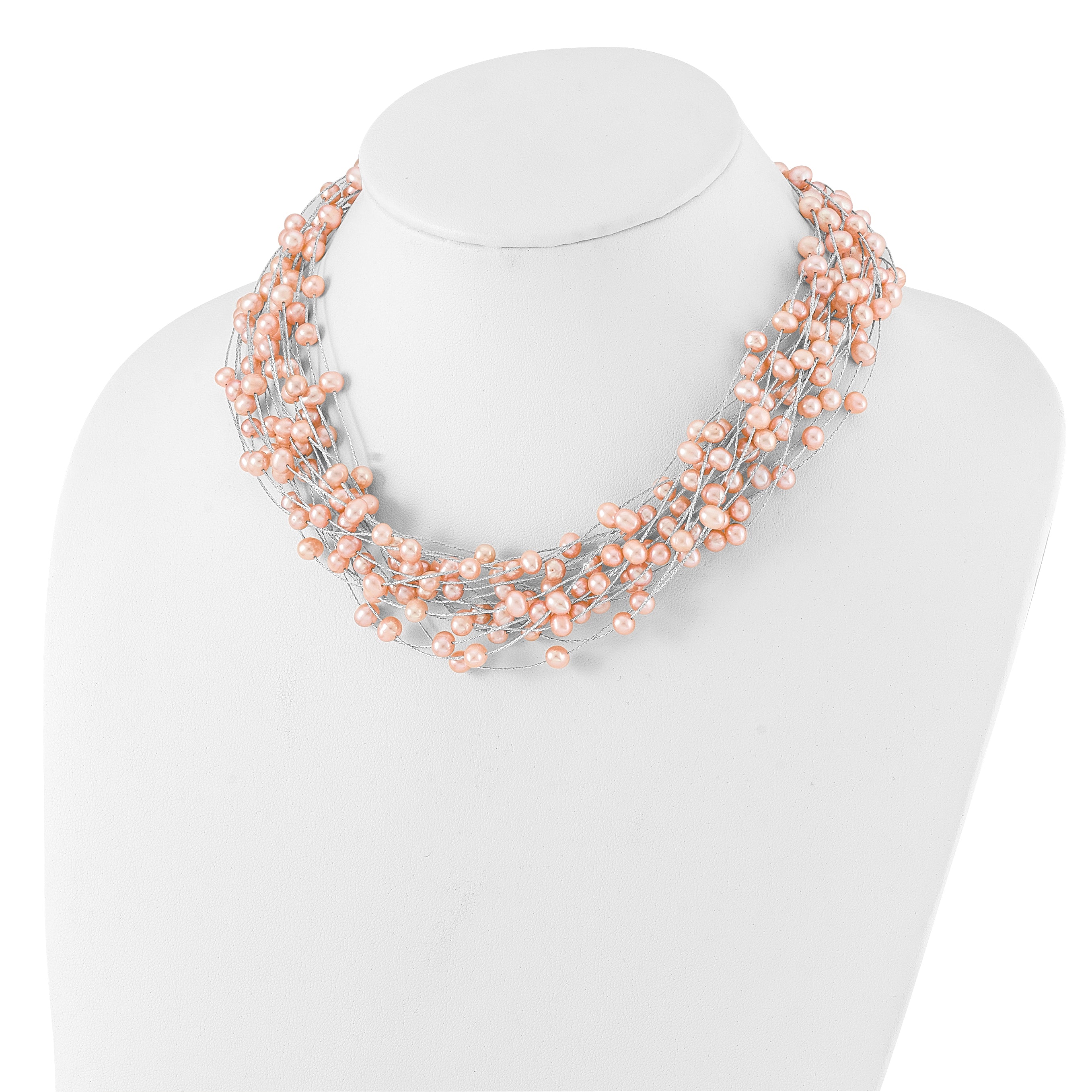 Sterling Silver Rhodium-plated 5-5.5mm Pink Semi-Round Freshwater Cultured Pearl Multi Strand 18 inch Necklace