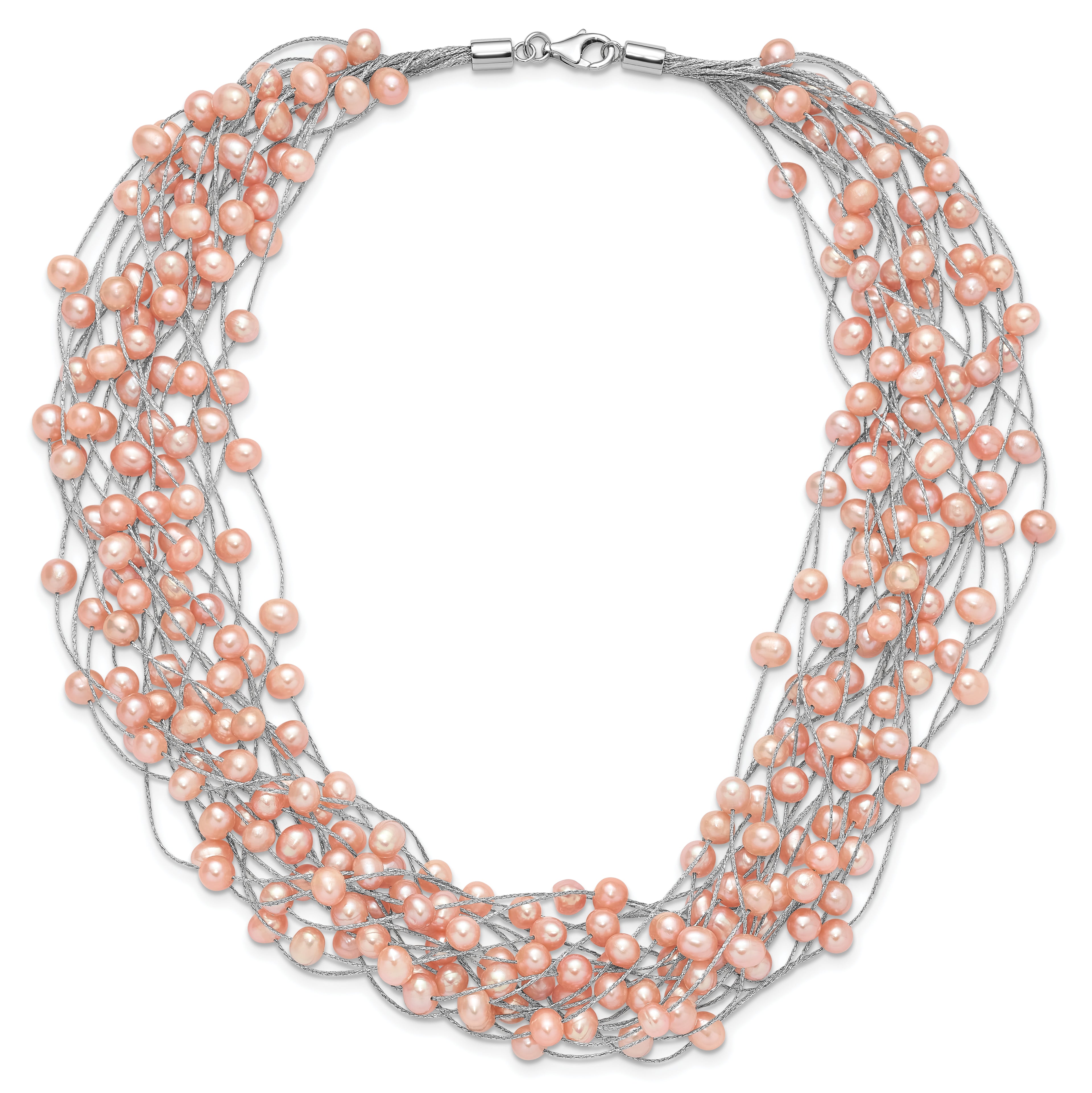 Sterling Silver Rhodium-plated 5-5.5mm Pink Semi-Round Freshwater Cultured Pearl Multi Strand 18 inch Necklace