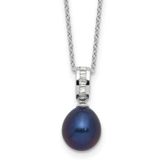 Sterling Silver Rhodium-Rhodium-Plated 8-9mm Black Teardrop Freshwater Cultured Pearl and CZ 17 inch Necklace