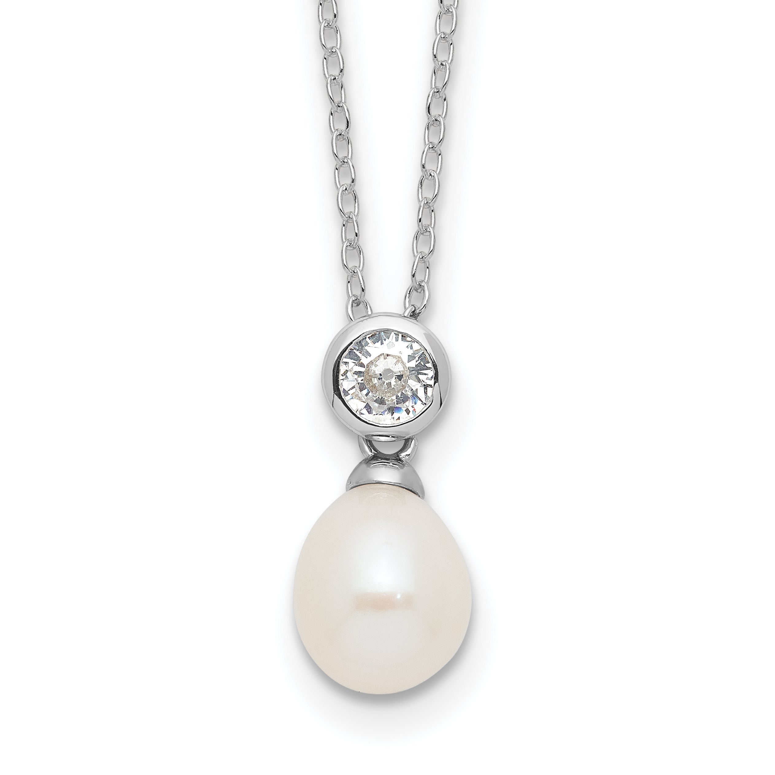 Sterling Silver Rhodium-Rhodium-Plated 7-8mm White Rice Freshwater Cultured Pearl and CZ 17 inch Necklace