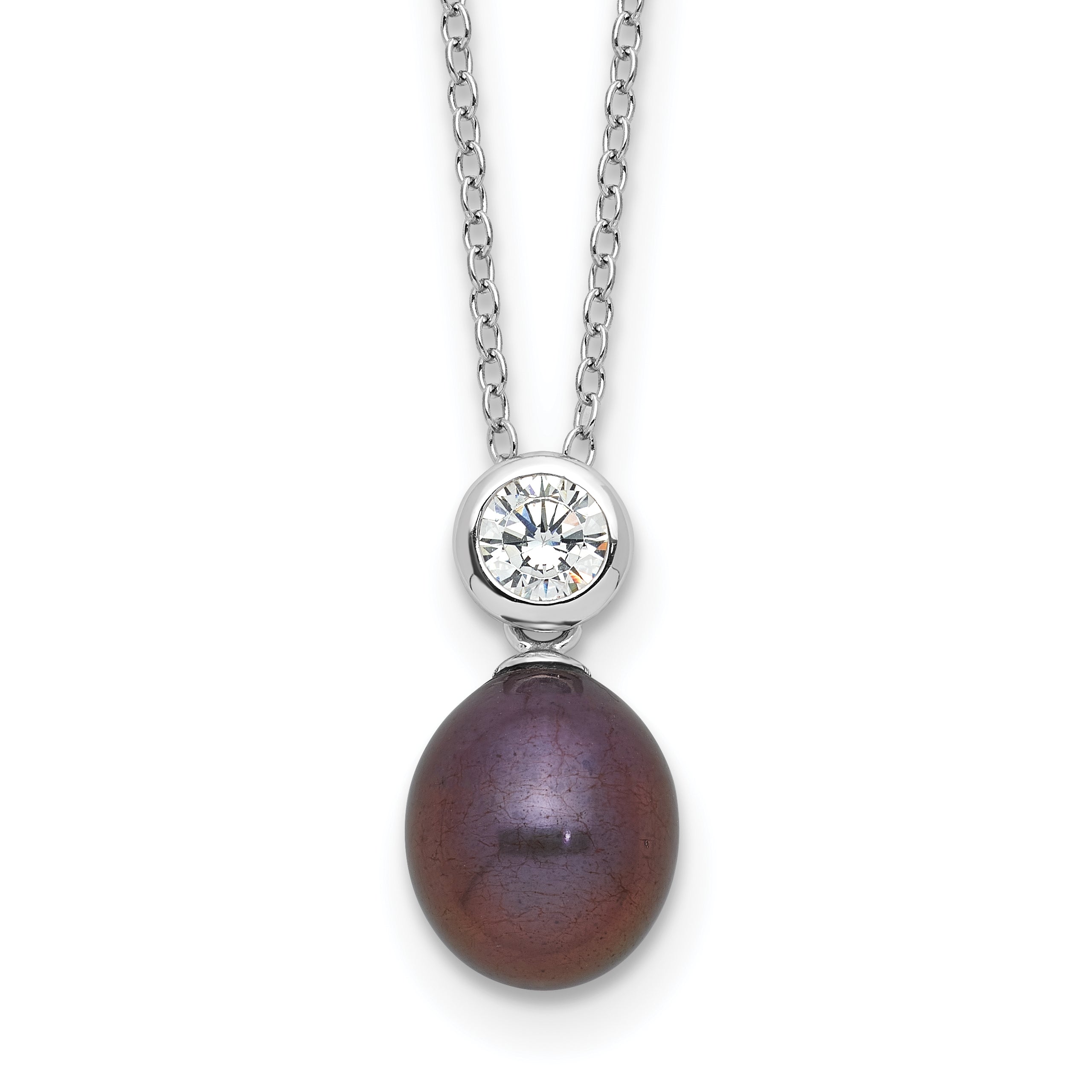 Sterling Silver Rhodium-Rhodium-Plated 7-8mm Black Rice Freshwater Cultured Pearl and CZ 17 inch Necklace