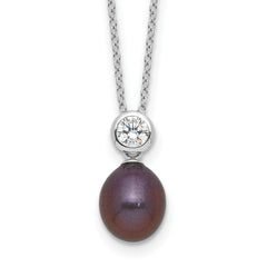 Sterling Silver Rhodium-Rhodium-Plated 7-8mm Black Rice Freshwater Cultured Pearl and CZ 17 inch Necklace