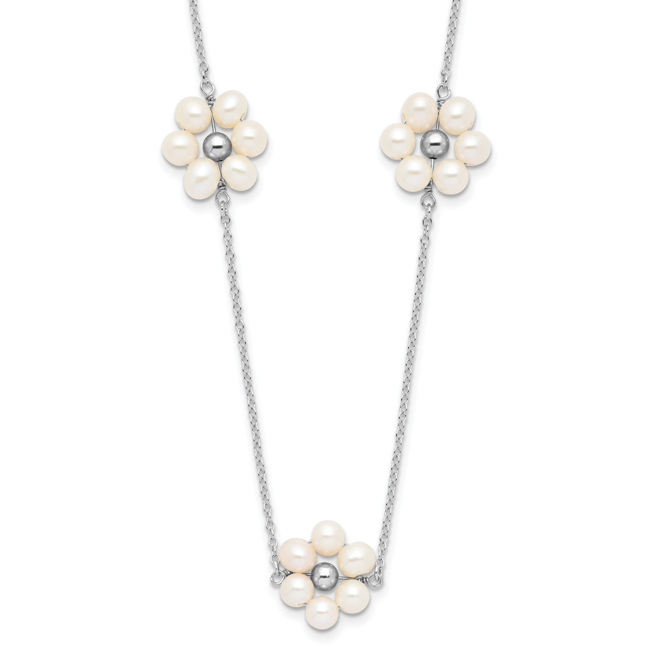 Sterling Silver Rhodium-Rhodium-Plated 4-5mm White Semi-Round Freshwater Cultured Pearl Flower 17 inch with 1.75 inch Extension Necklace