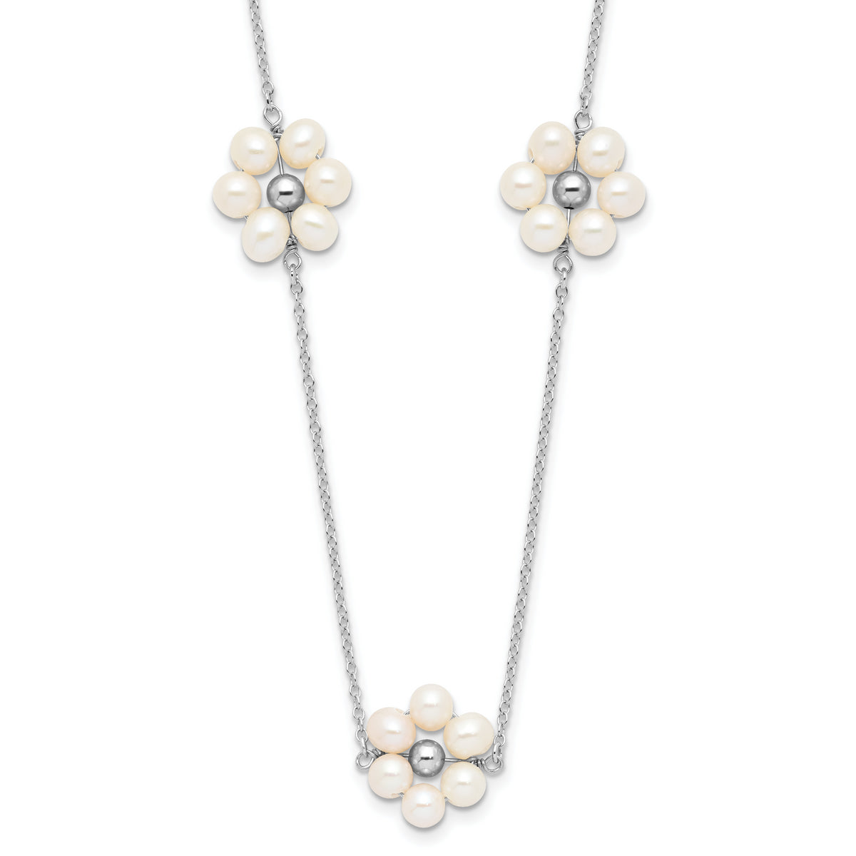 Sterling Silver Rhodium-Rhodium-Plated 4-5mm White Semi-Round Freshwater Cultured Pearl Flower 17 inch with 1.75 inch Extension Necklace