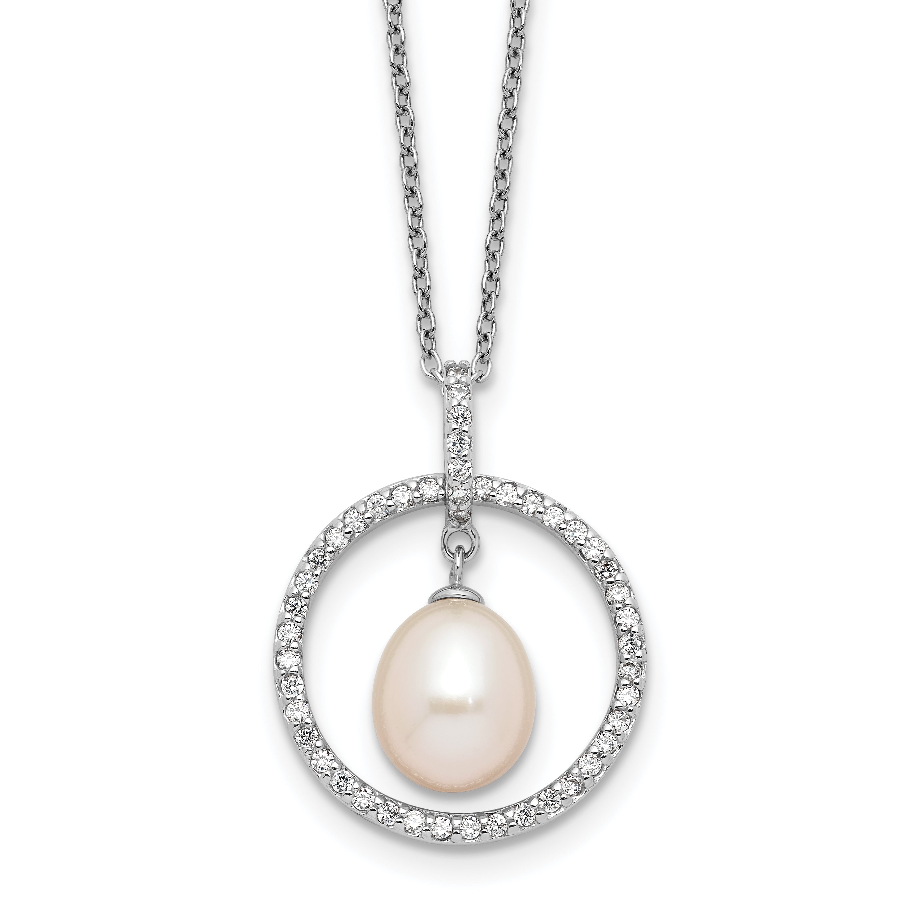 Sterling Silver Rhodium-Rhodium-Plated 8-9mm White Teardrop Freshwater Cultured Pearl and CZ Circle 17 inch Necklace