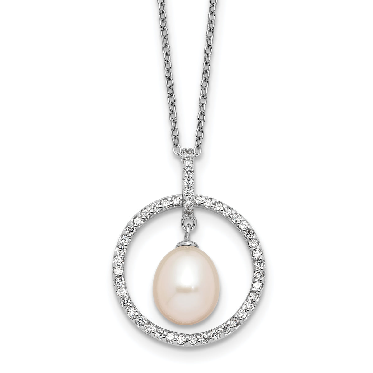 Sterling Silver Rhodium-Rhodium-Plated 8-9mm White Teardrop Freshwater Cultured Pearl and CZ Circle 17 inch Necklace
