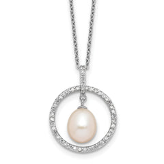 Sterling Silver Rhodium-Rhodium-Plated 8-9mm White Teardrop Freshwater Cultured Pearl and CZ Circle 17 inch Necklace