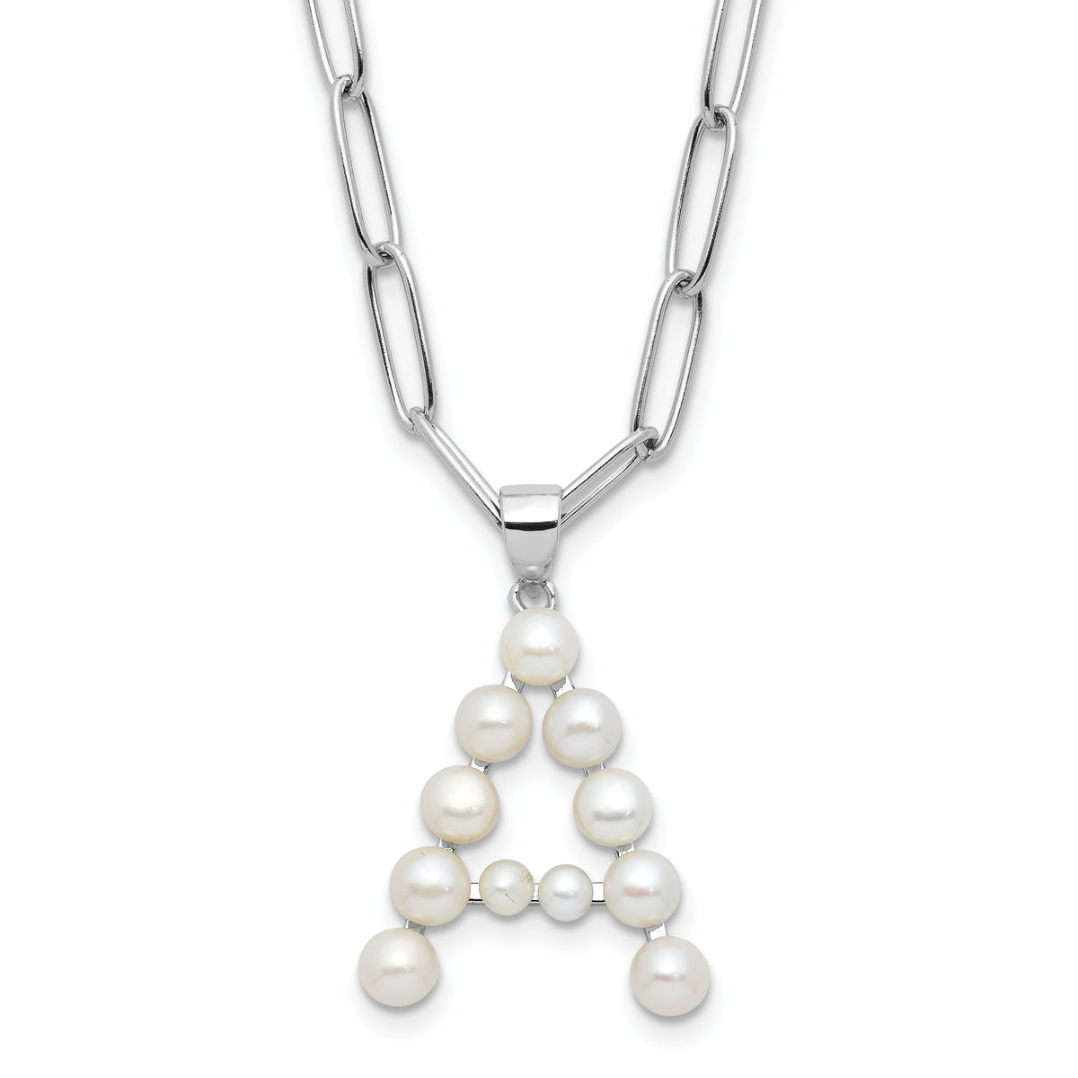 Sterling Silver Rhodium-Rhodium-Plated 3-5.5mm White Button Freshwater Cultured Pearl LETTER A 18 inch Necklace