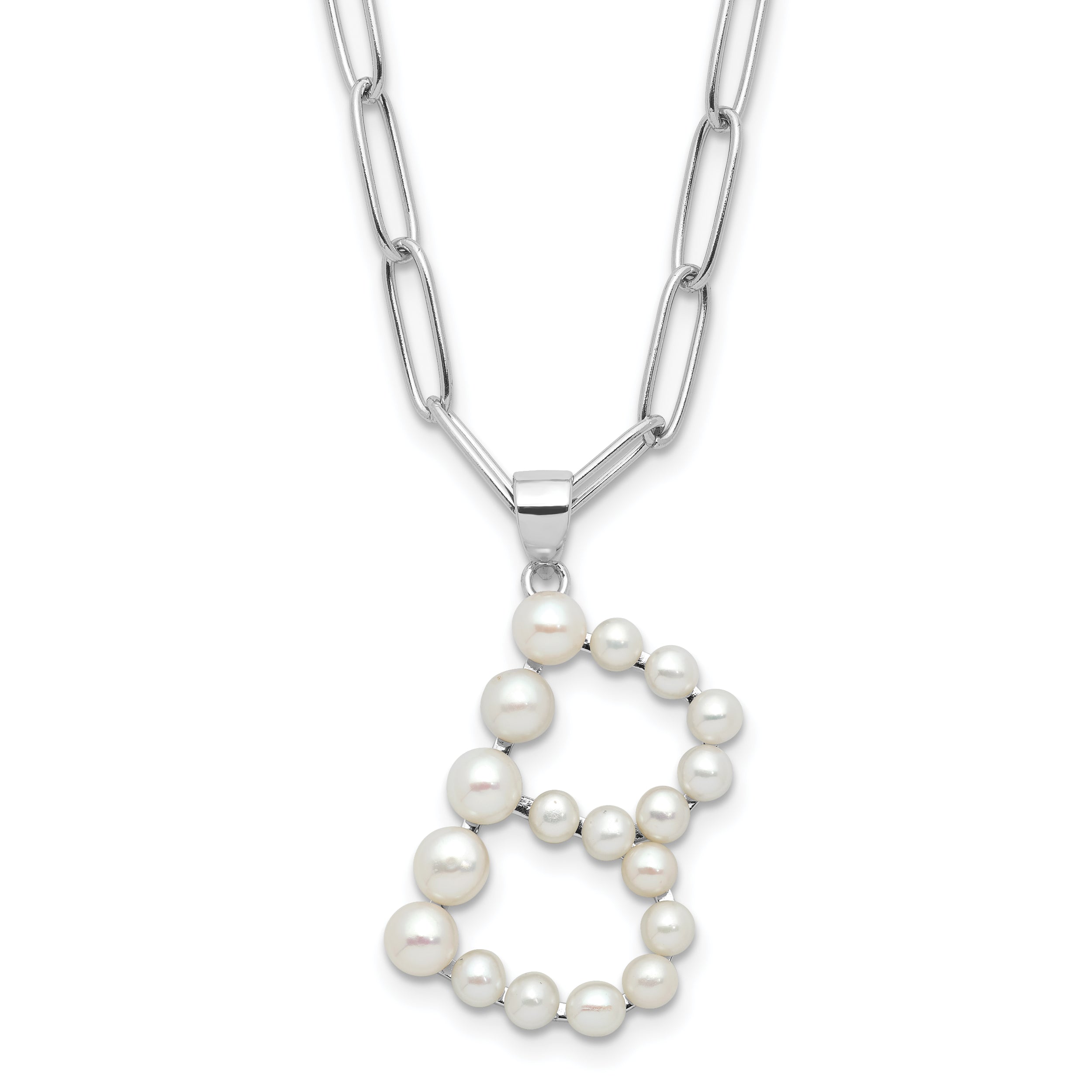 Sterling Silver Rhodium-Rhodium-Plated 3-5.5mm White Button Freshwater Cultured Pearl LETTER B 18 inch Necklace