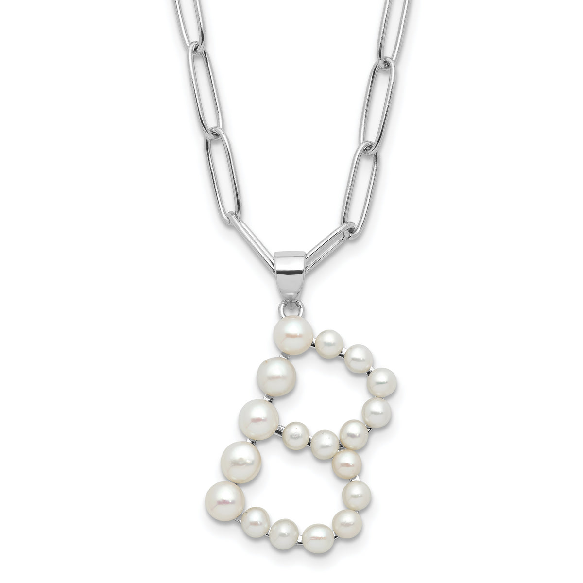 Sterling Silver Rhodium-Rhodium-Plated 3-5.5mm White Button Freshwater Cultured Pearl LETTER B 18 inch Necklace